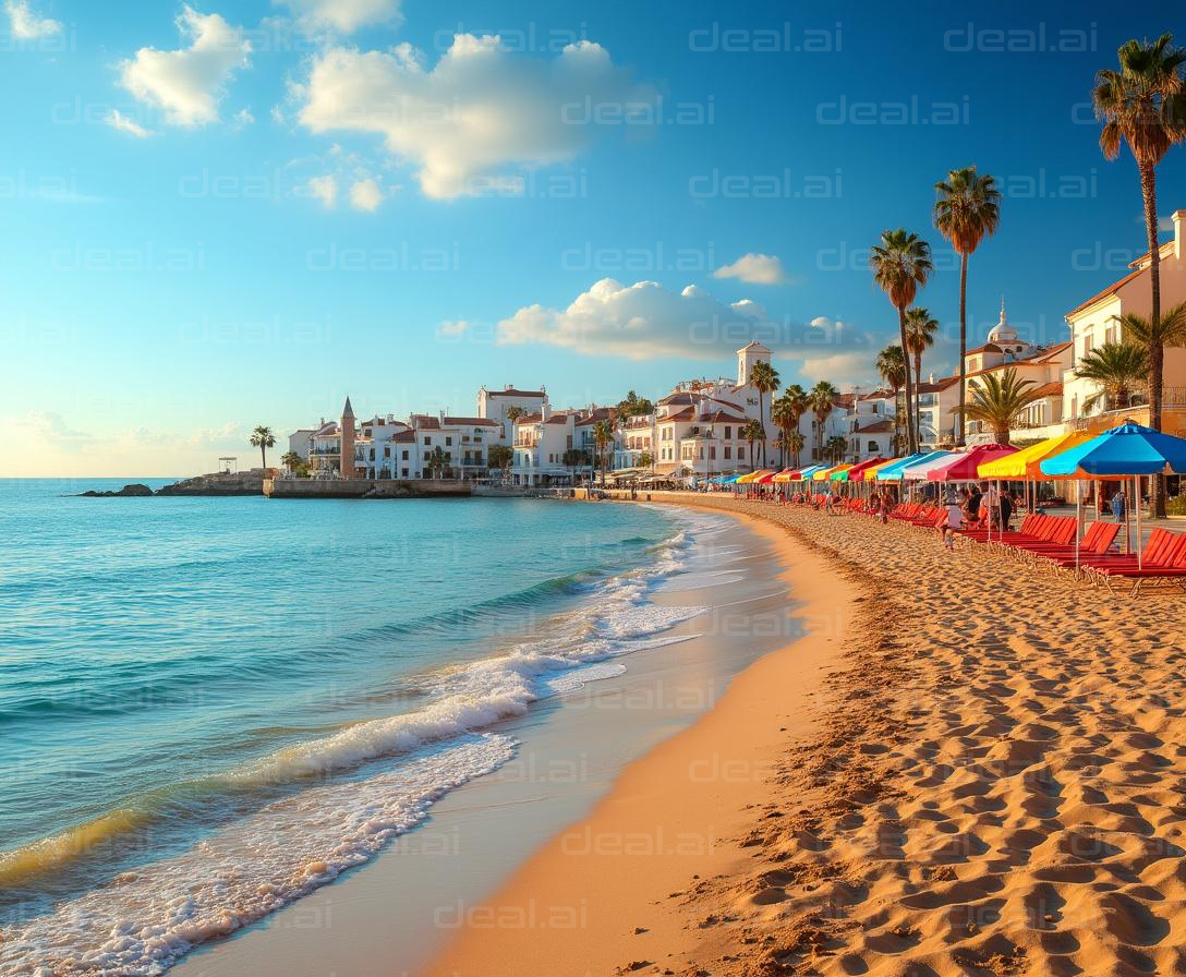 "Seaside Charm with Colorful Umbrellas"