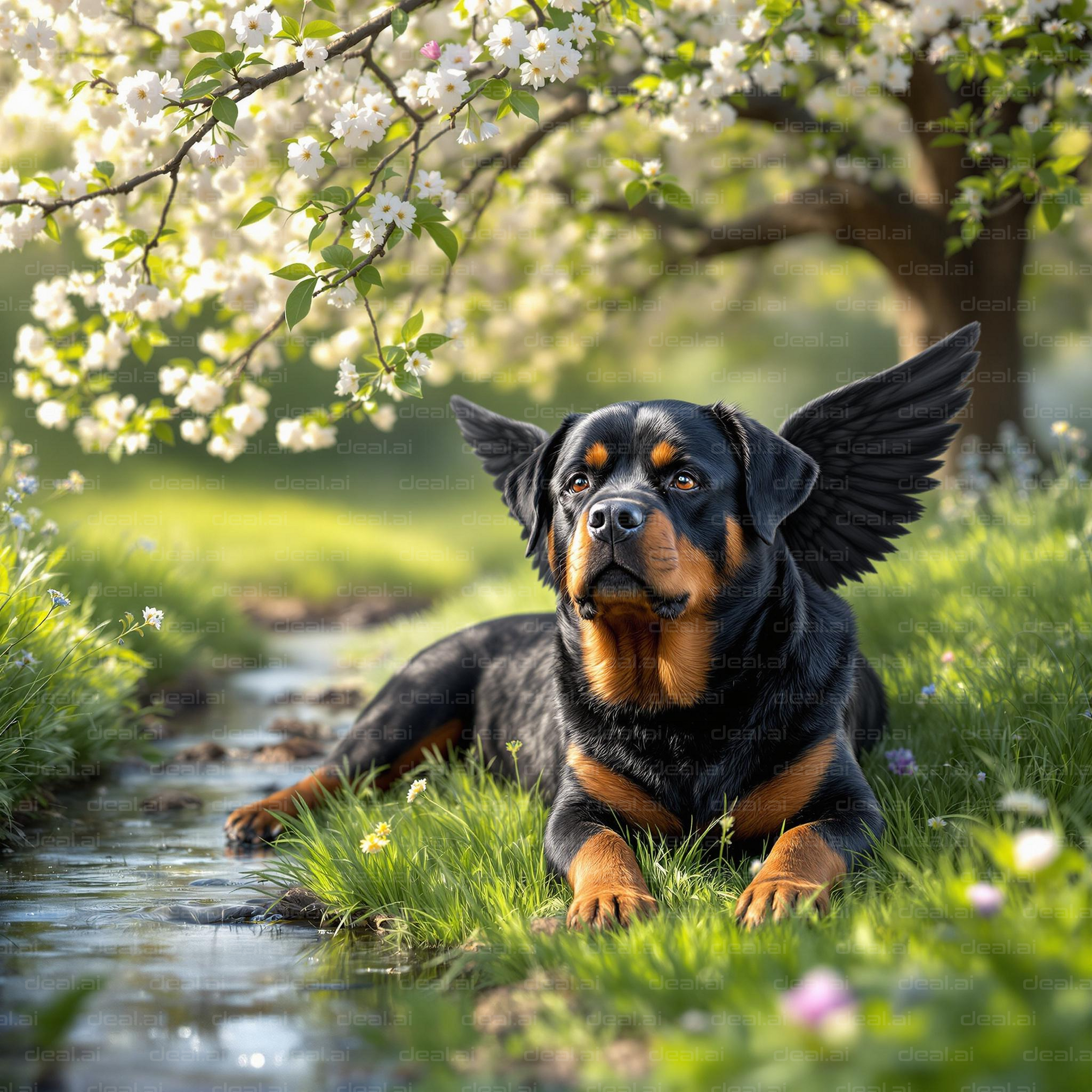 Winged Rottweiler in Blossom Field