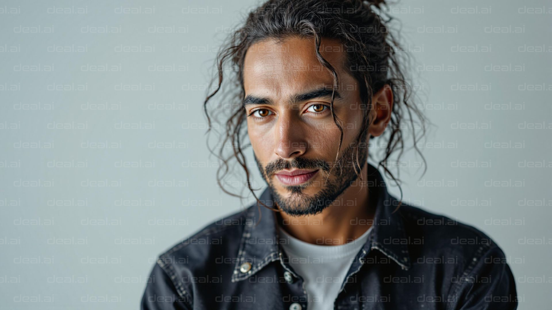 Thoughtful Gaze in Denim Shirt