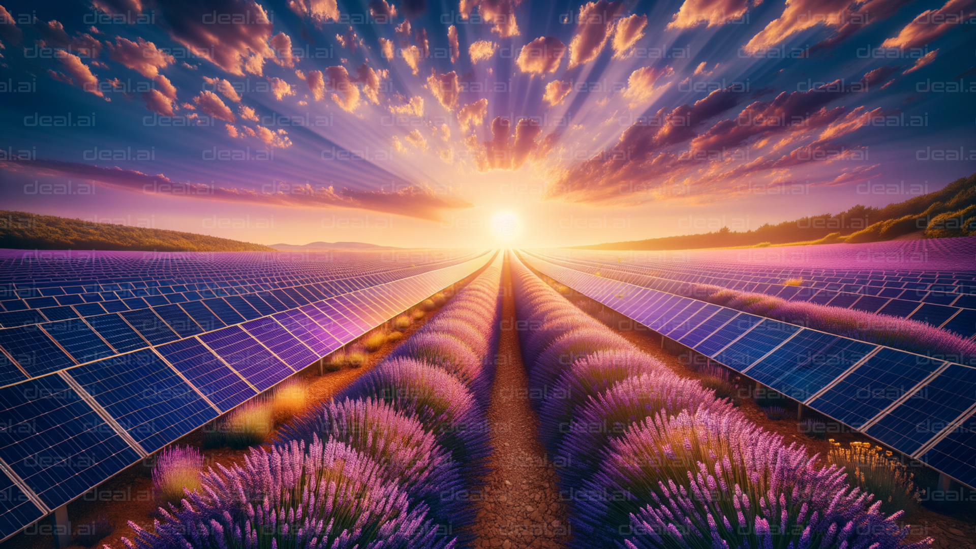 "Sunrise Over Solar Fields and Lavender"