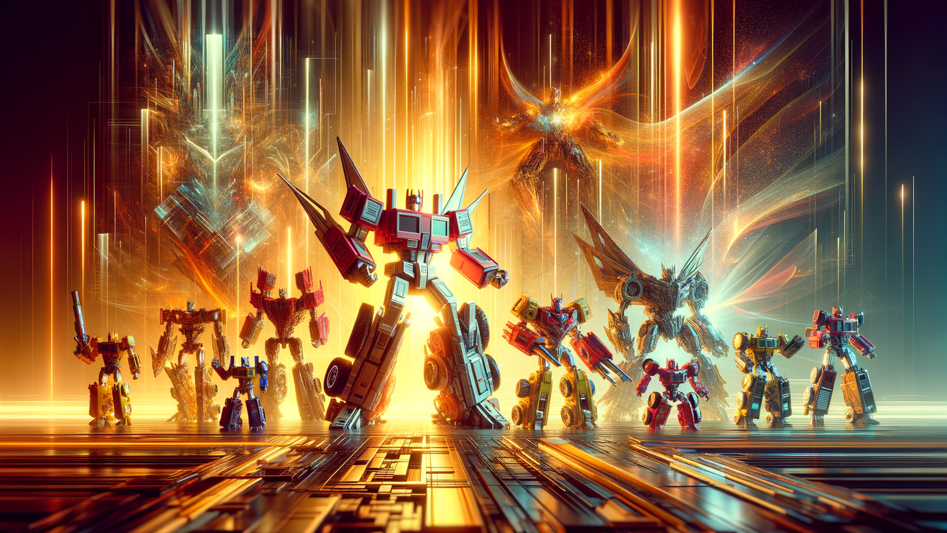 "Robot Heroes in a Glowing Battle Scene"