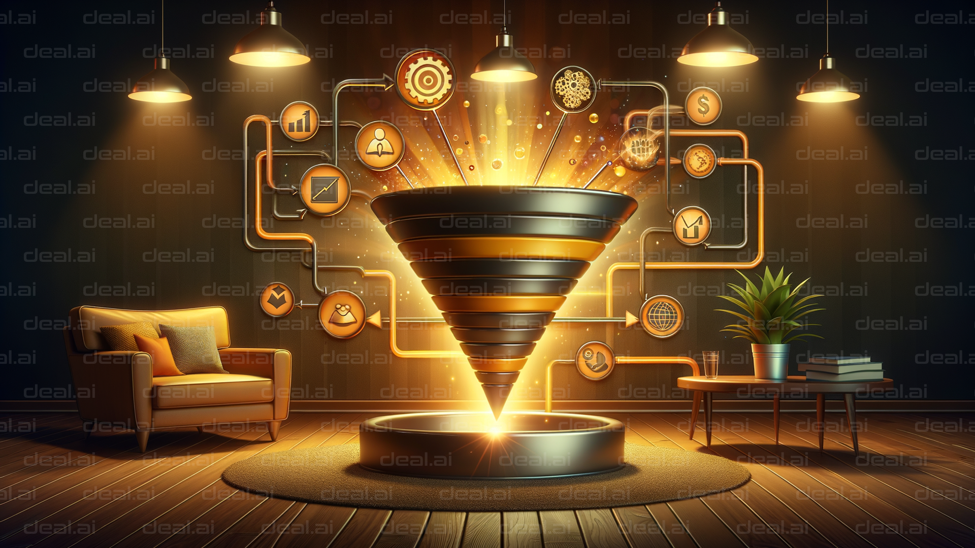 "Illuminated Data Funnel in Cozy Office"