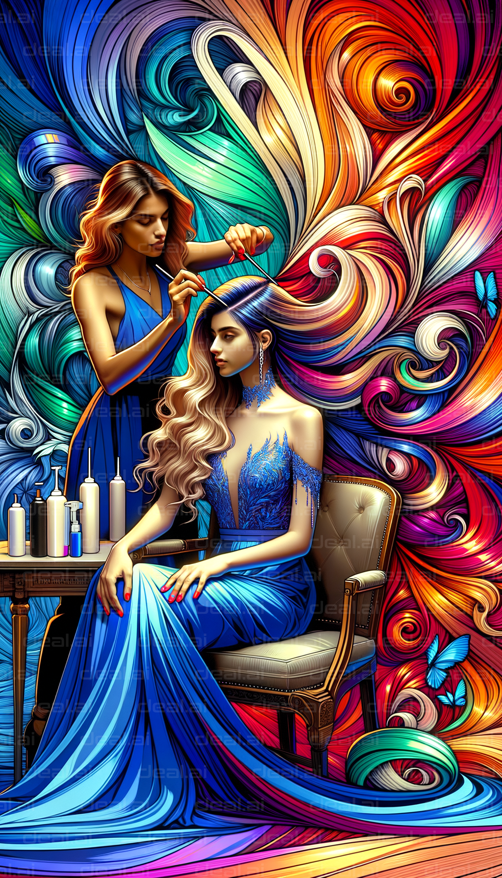 "Vibrant Hair Artistry in Blue Gowns"