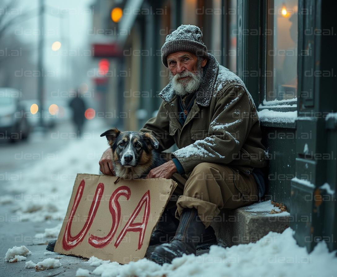 Man and Dog Holding USA Sign in the Snow