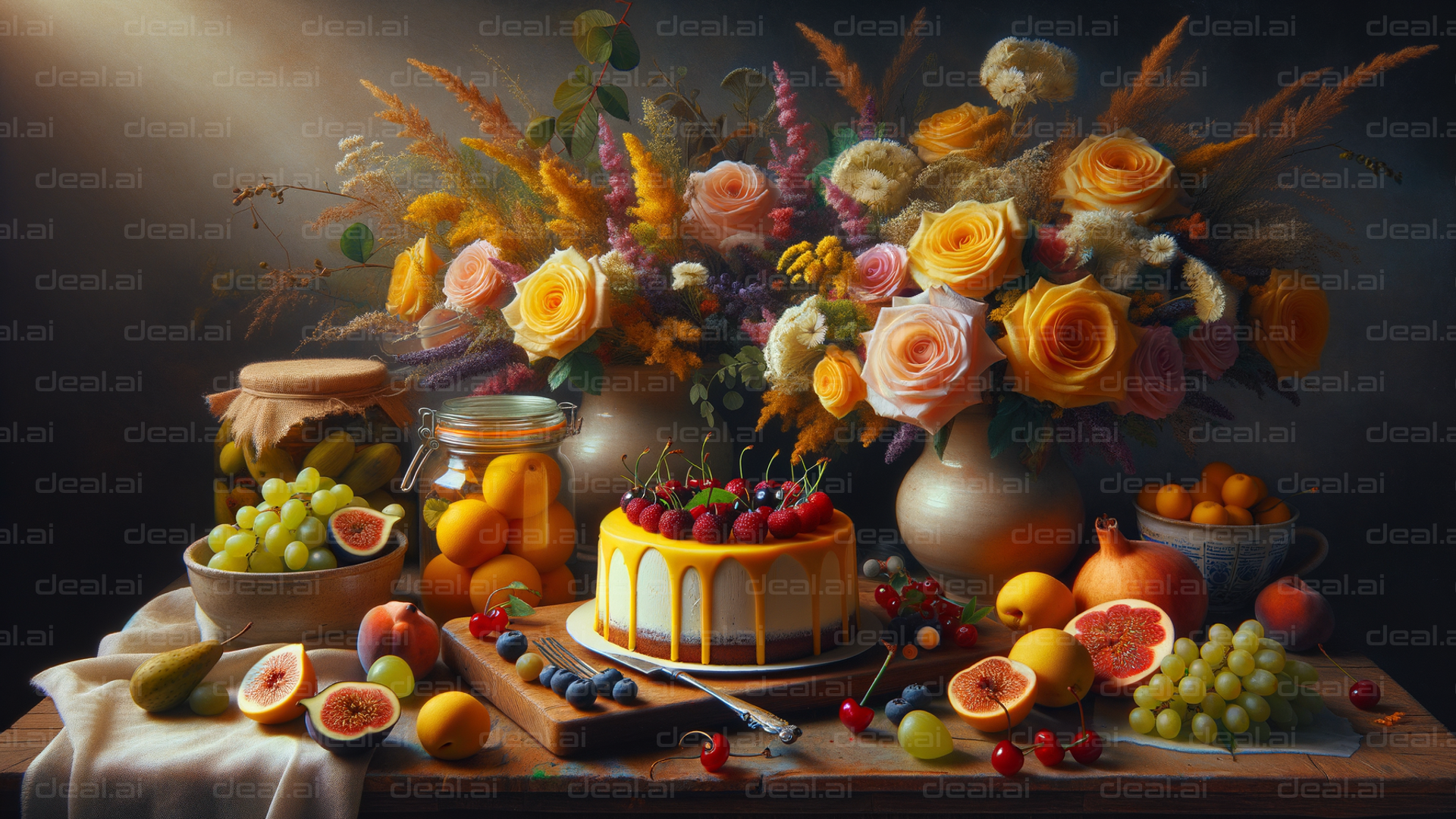 "Splendid Still Life with Flowers & Fruit"