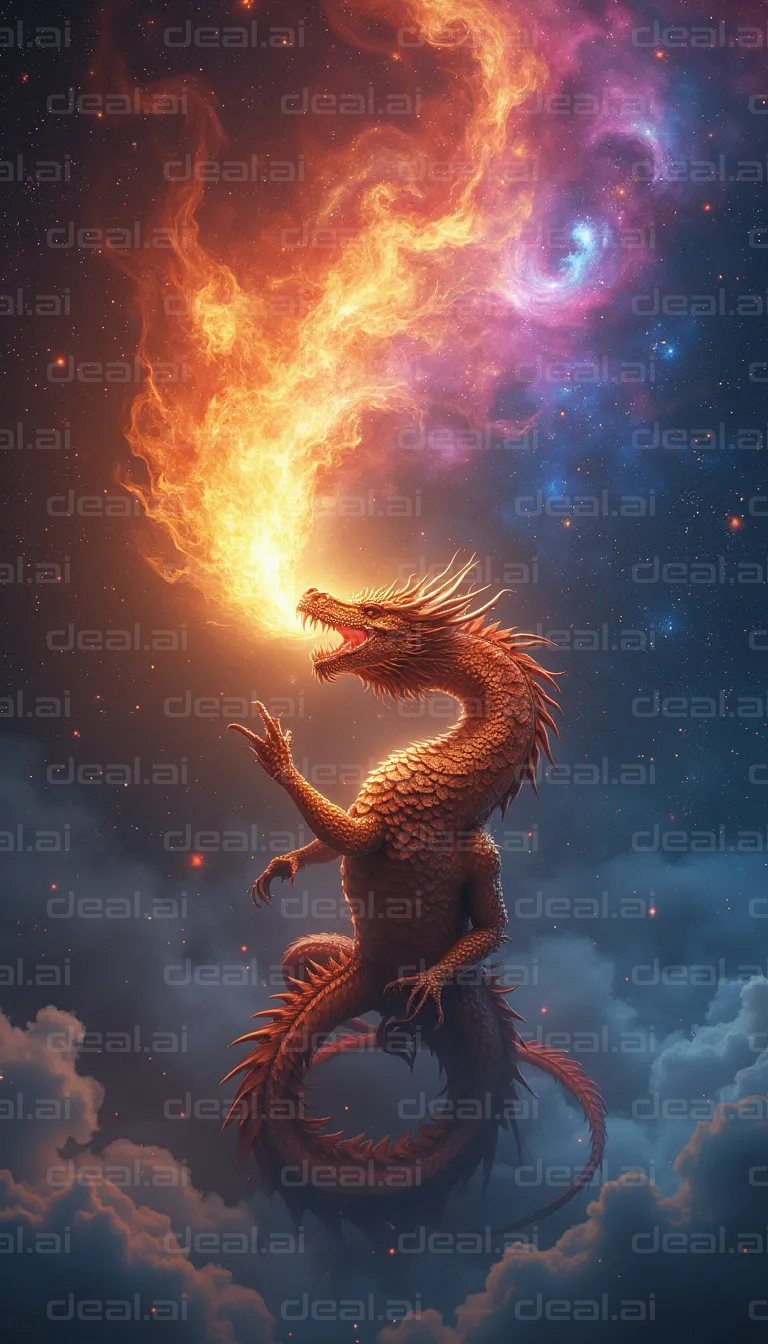 "Majestic Dragon Breathing Fire in Space"