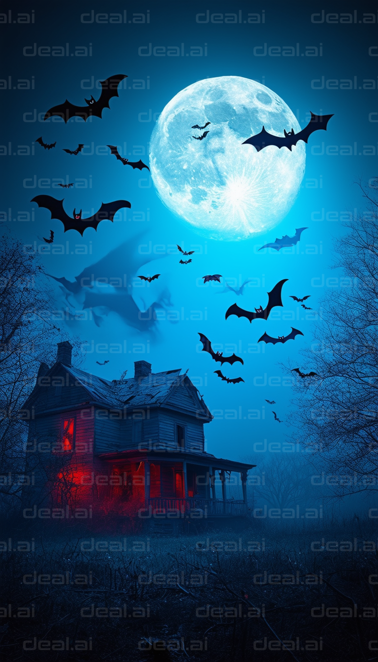 Haunted House Under Full Moon with Bats