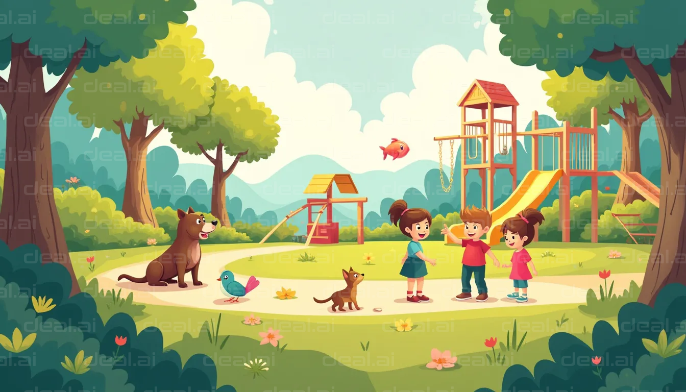 "Kids Playing at a Park with Animals"