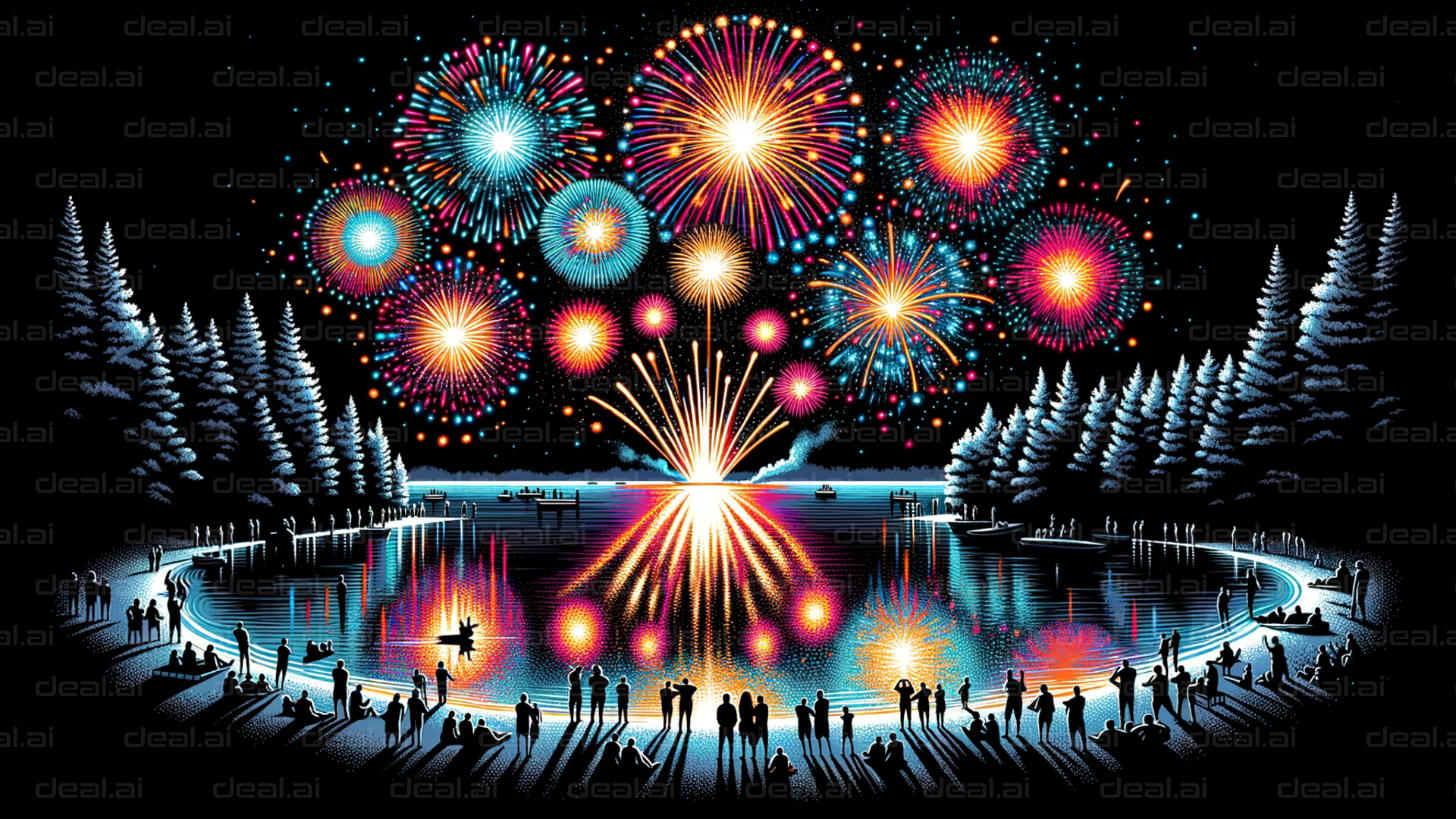 Fireworks Over Lake at Night