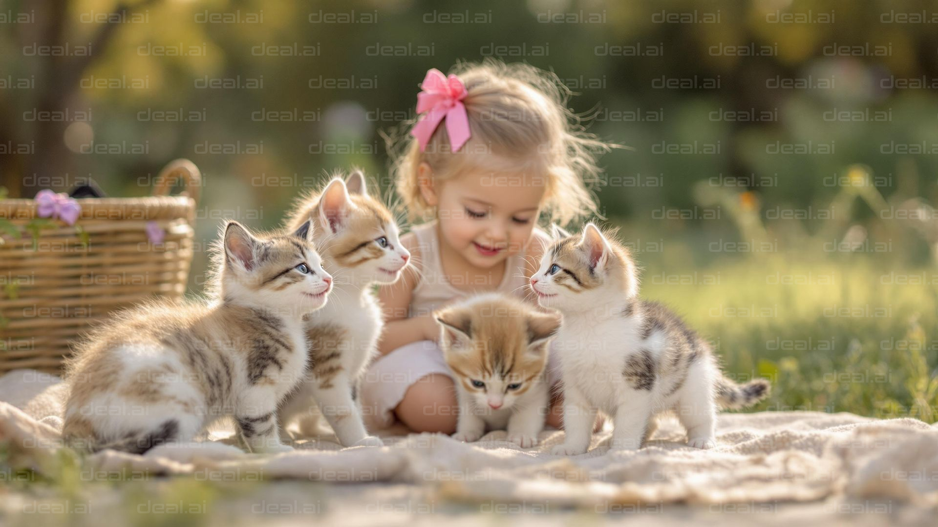 Girl and Kittens in the Garden
