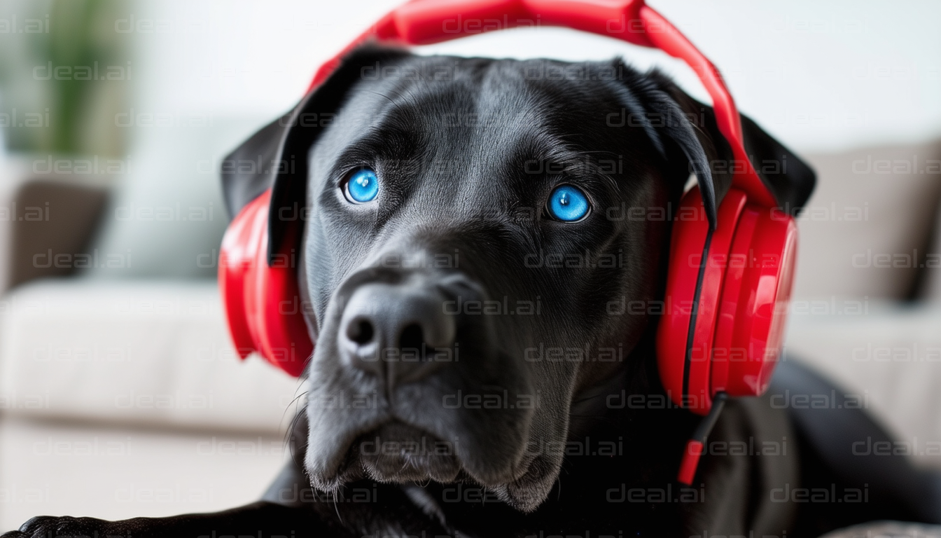 Black Dog Wearing Red Headphones