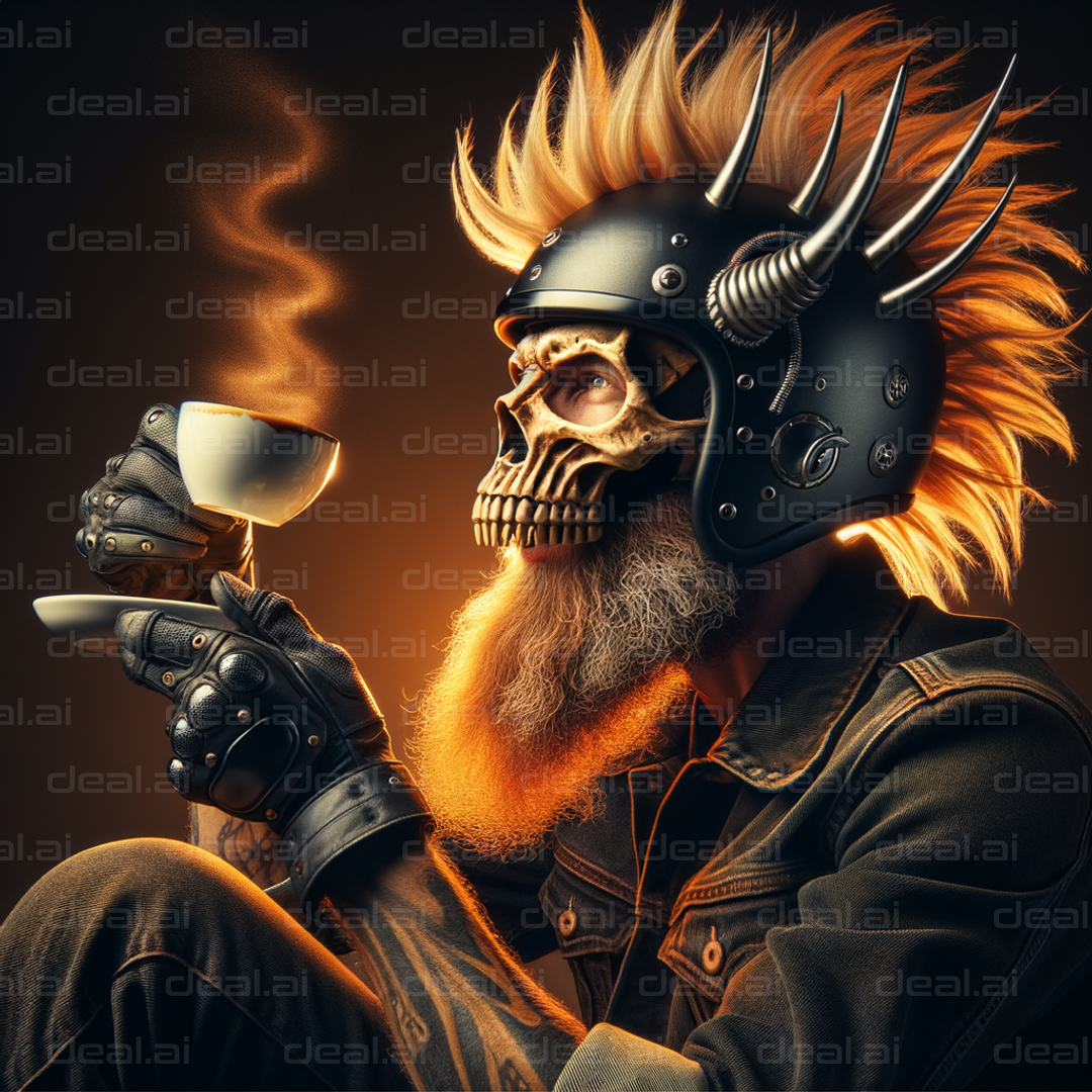 "Skull Helmet Punk Enjoying Coffee"