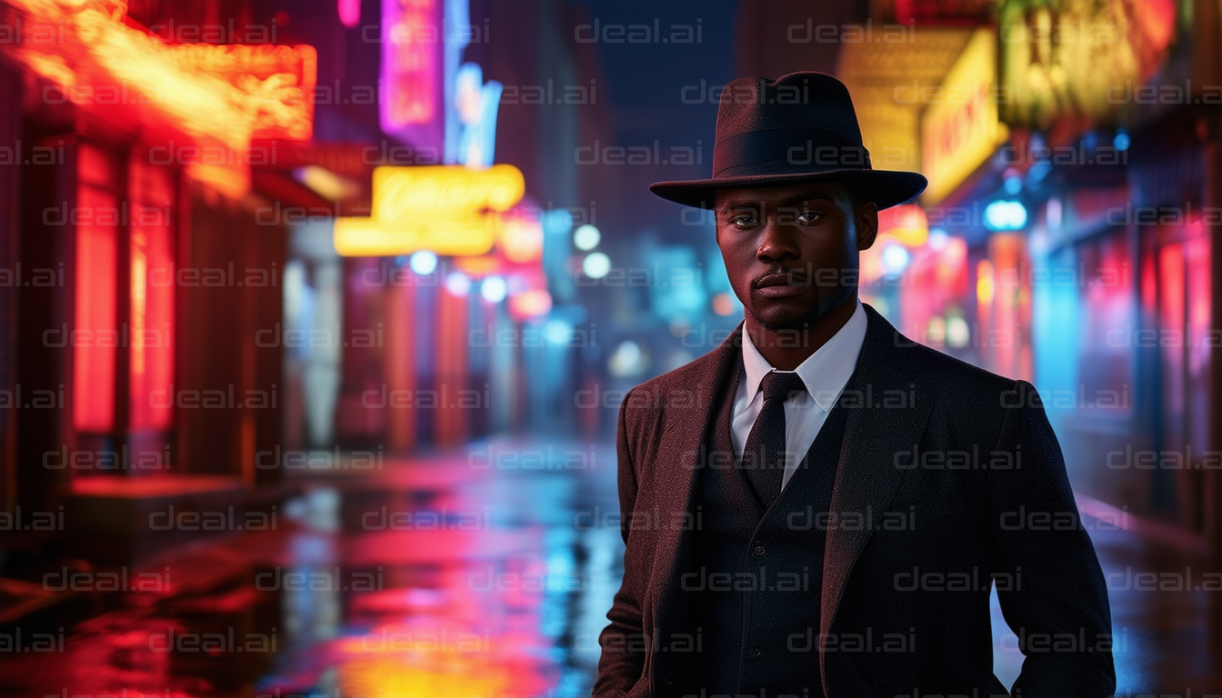 Man in Suit and Hat on Neon-Lit Street