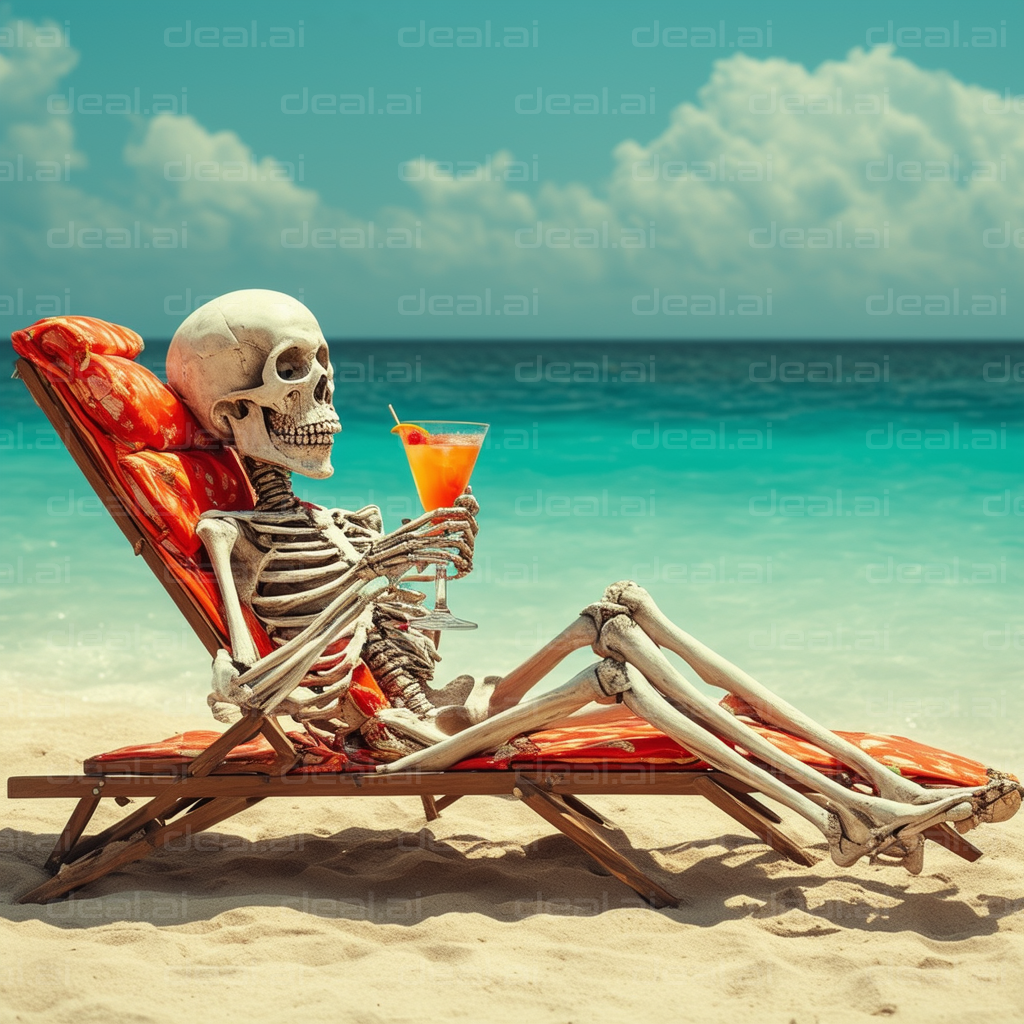 Skeleton Enjoys a Beach Cocktail