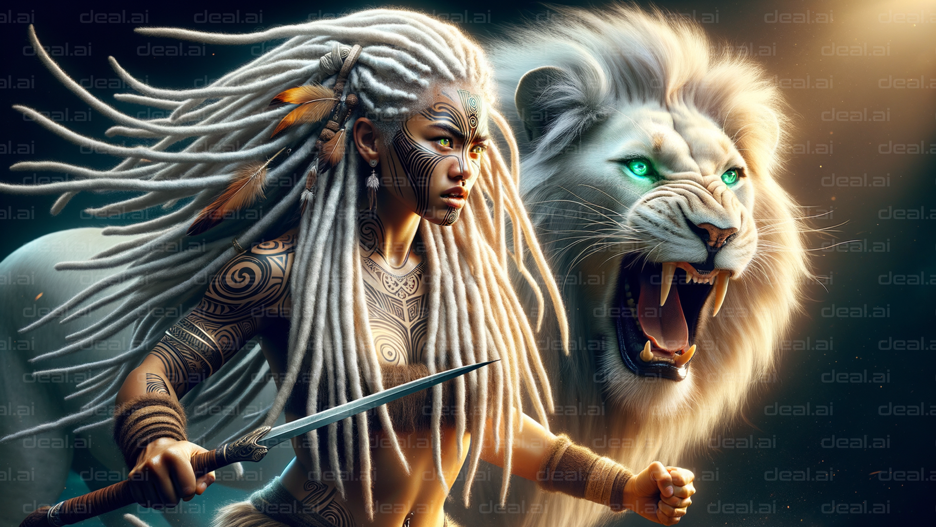 "Warrior with White Lion Companion"