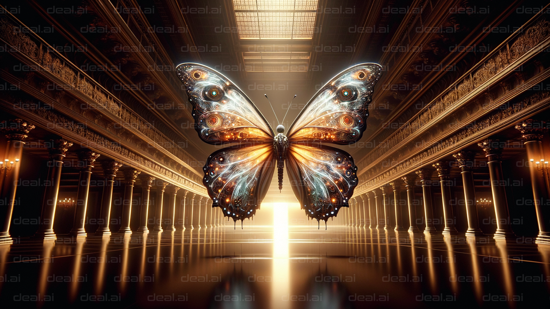 "Majestic Butterfly in Opulent Hall"