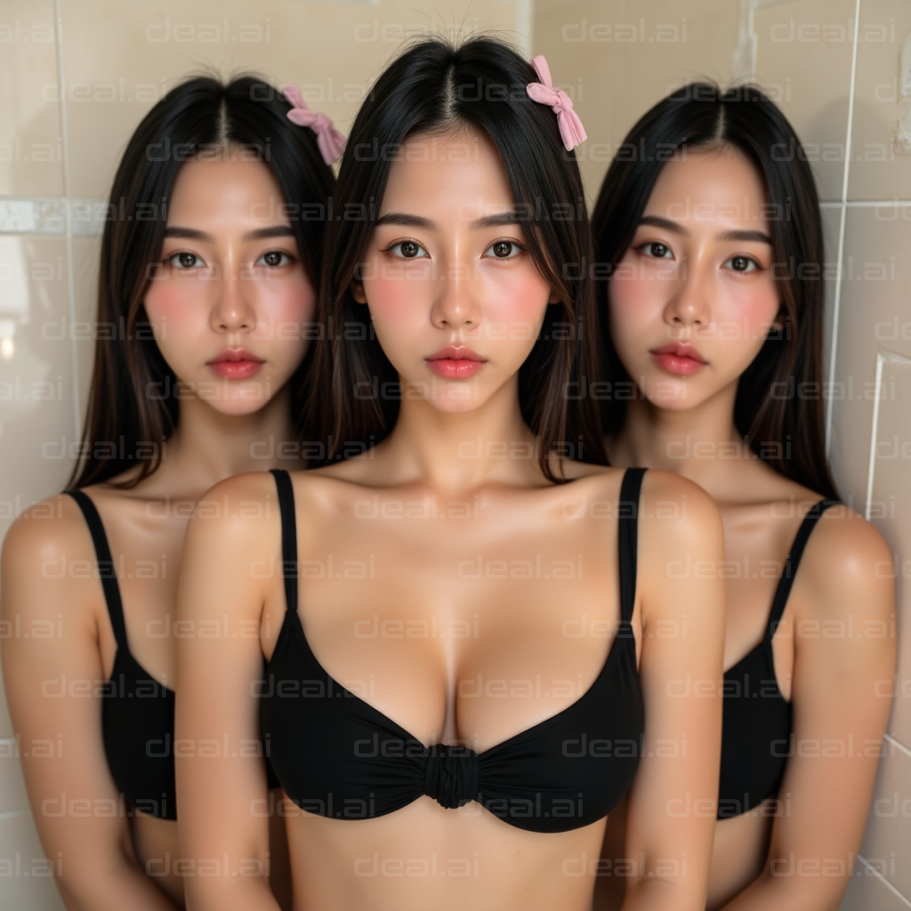 Triplet Elegance in Black Swimwear