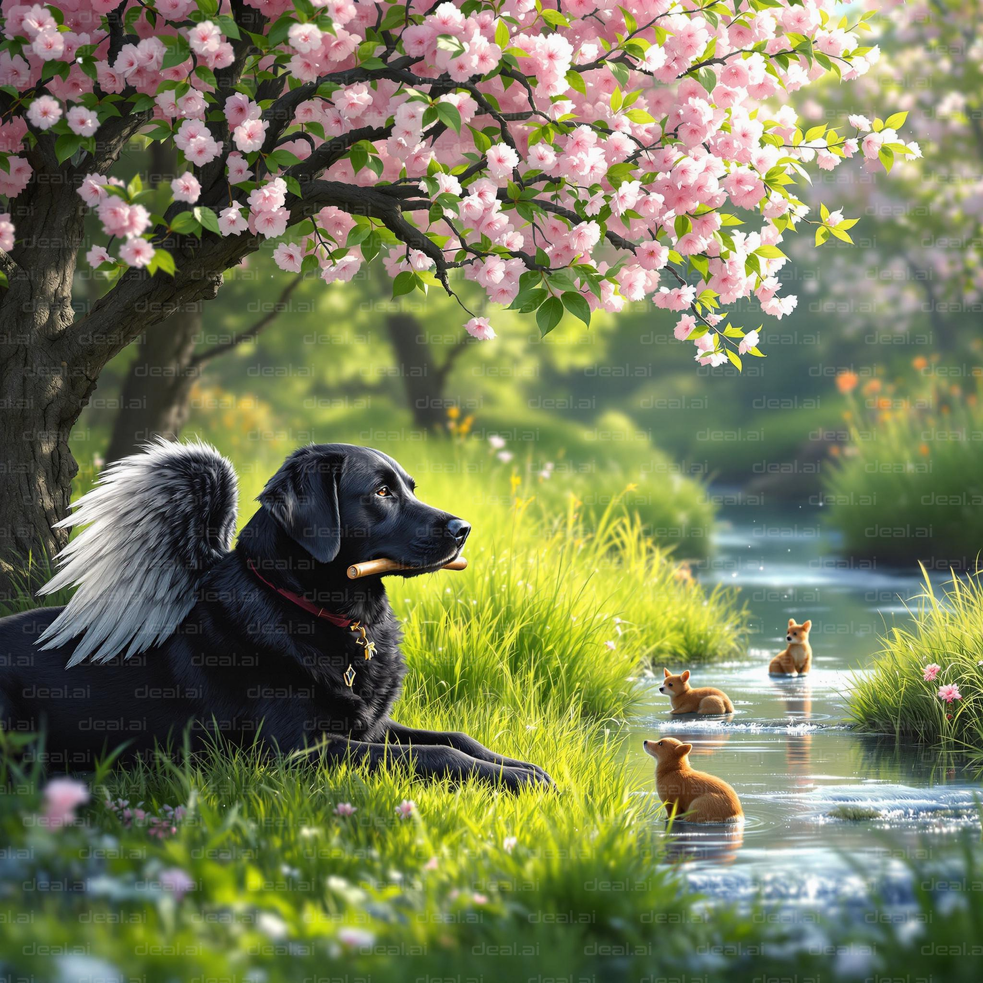 "Angel Dog by Blossom Stream"