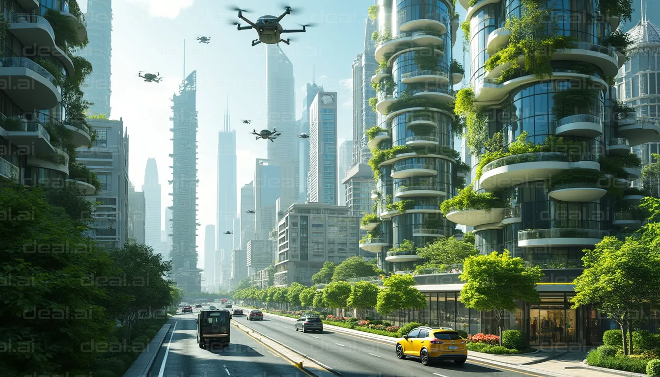 Futuristic Green City with Flying Drones