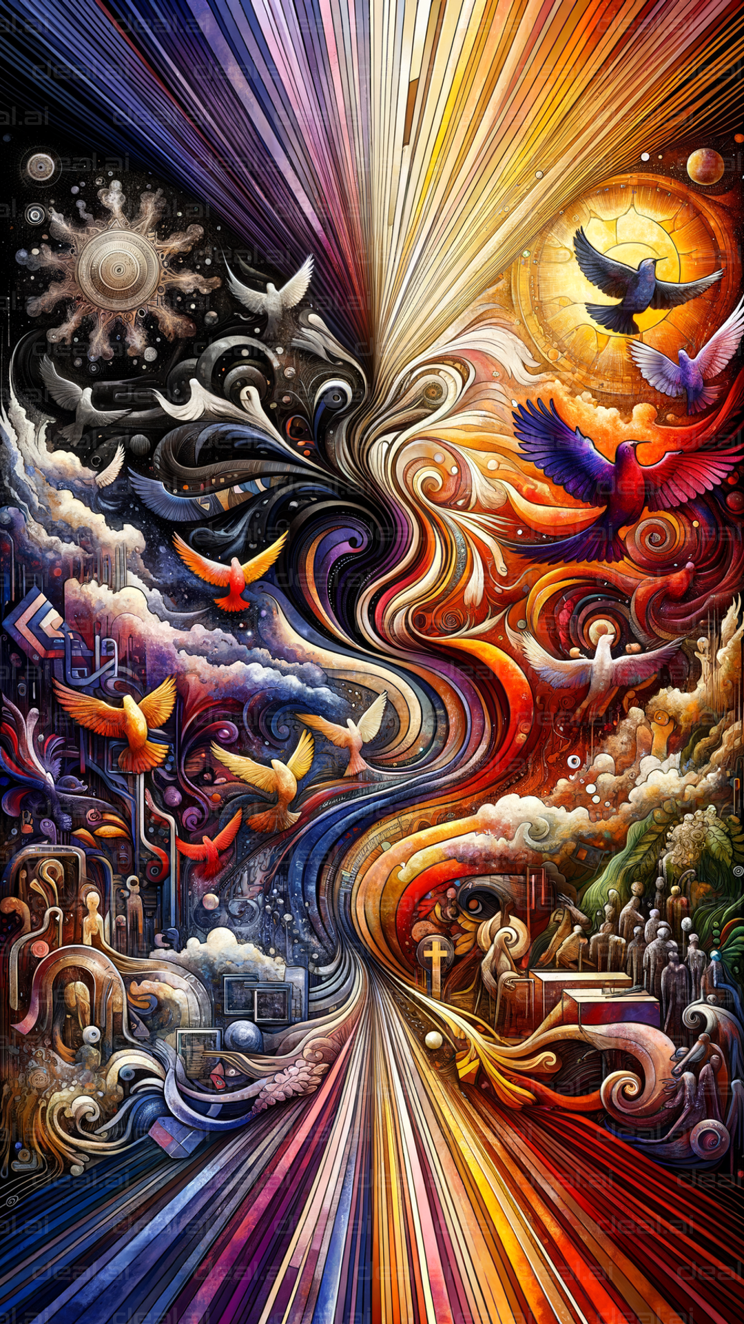 "Cosmic Birds and Flowing Colors"