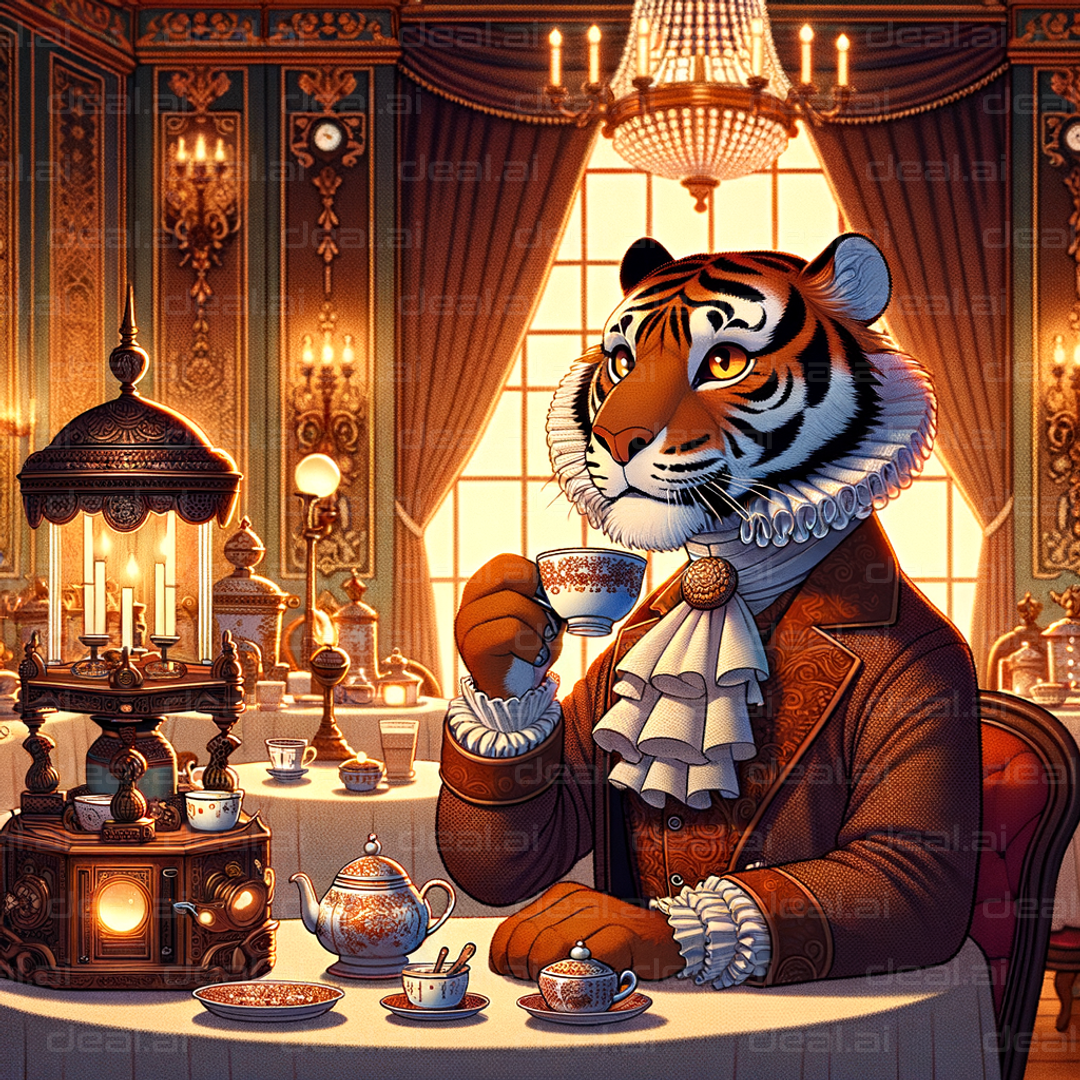 "Regal Tiger Sipping Tea in Luxury"