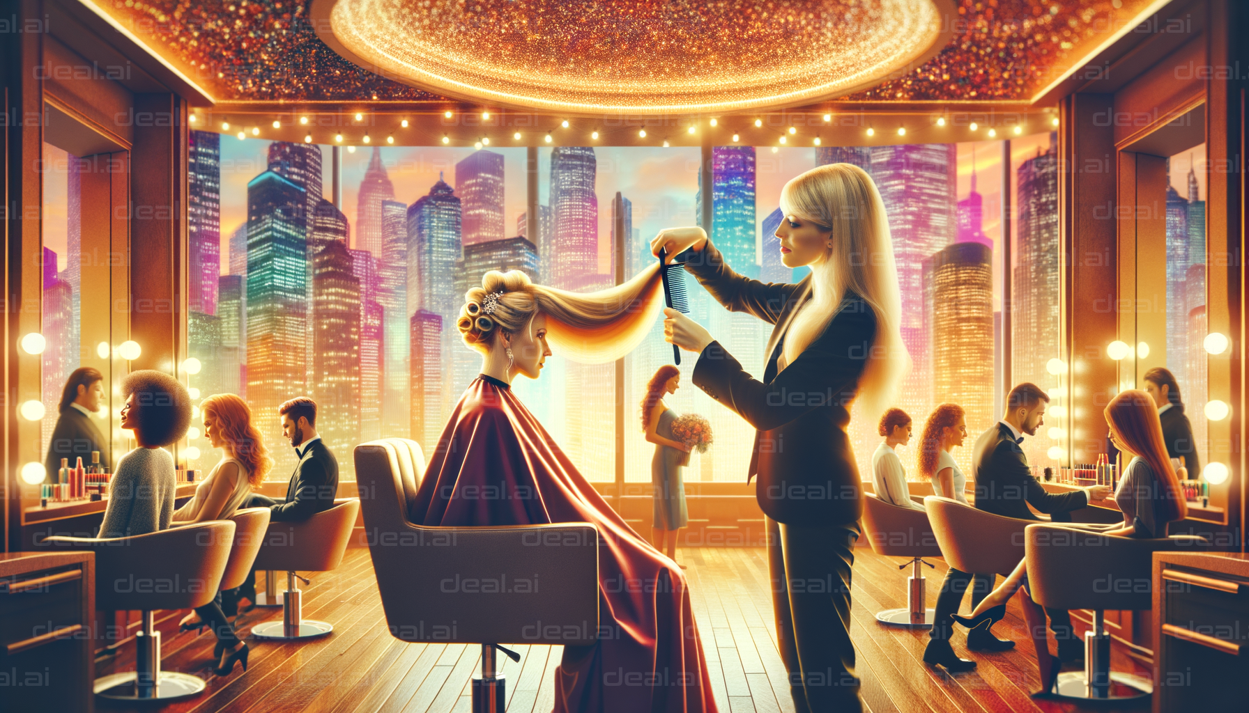 "Elegant City Salon at Sunset"