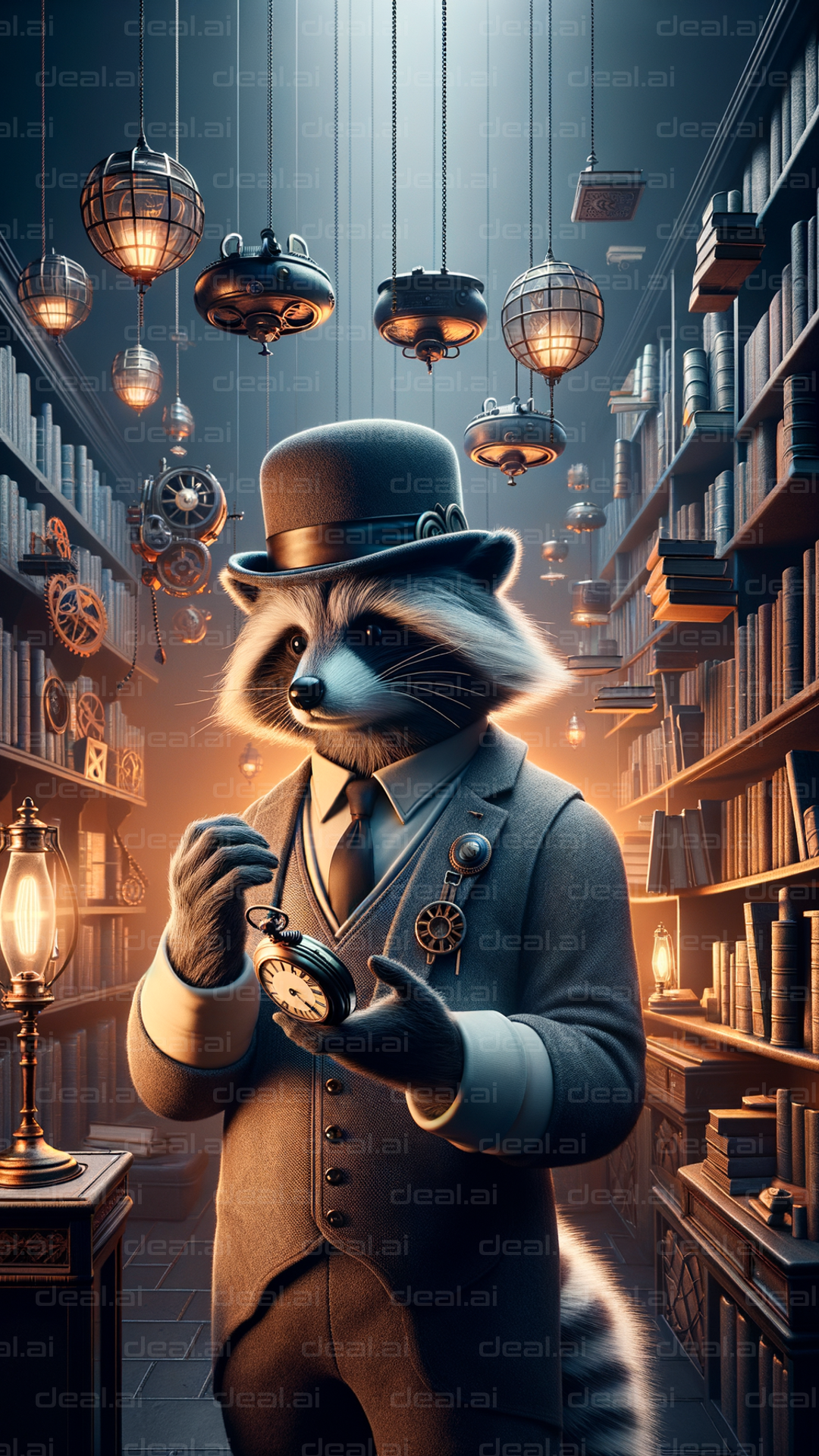 "Steampunk Raccoon in a Library"