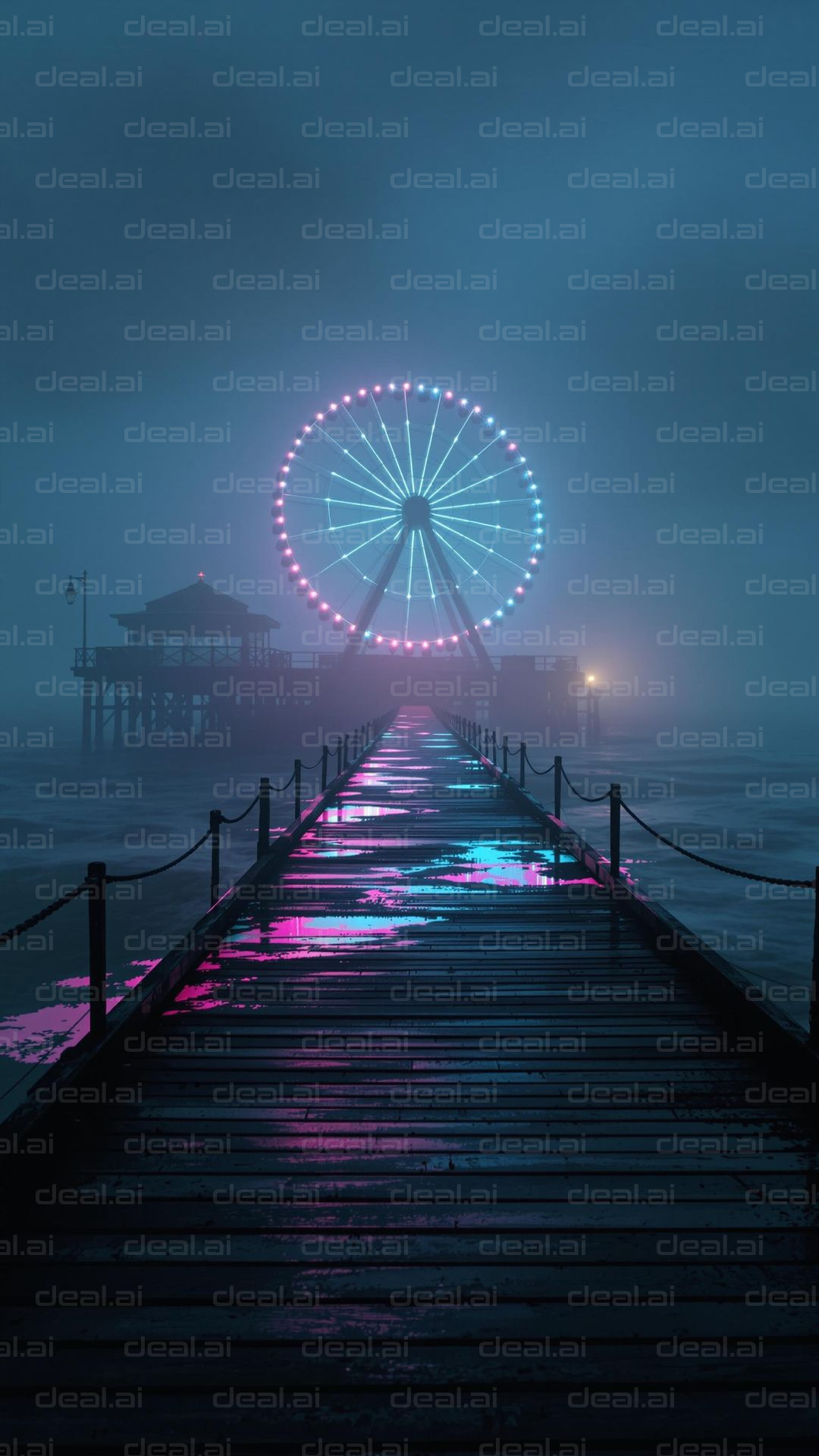 Foggy Pier and Neon Ferris Wheel