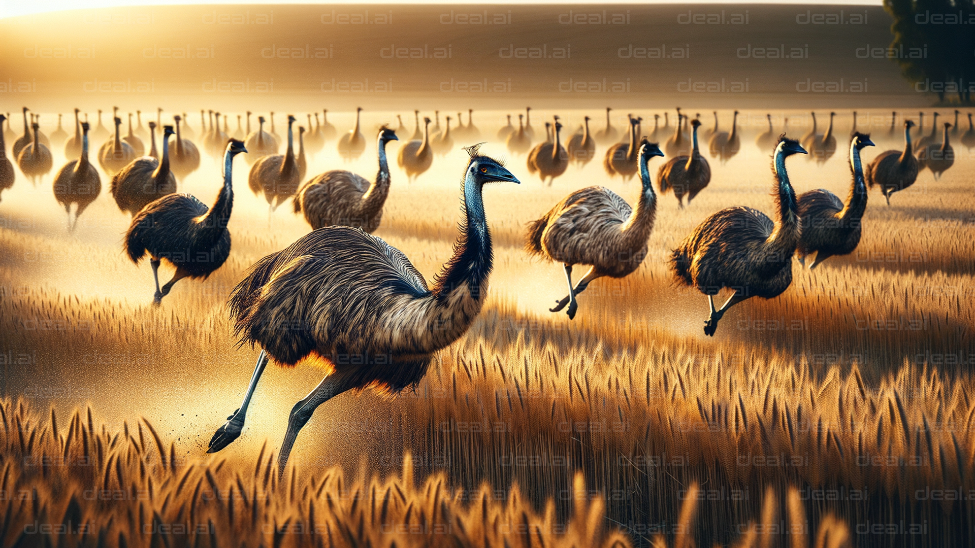 Emus Running Through Wheat Field