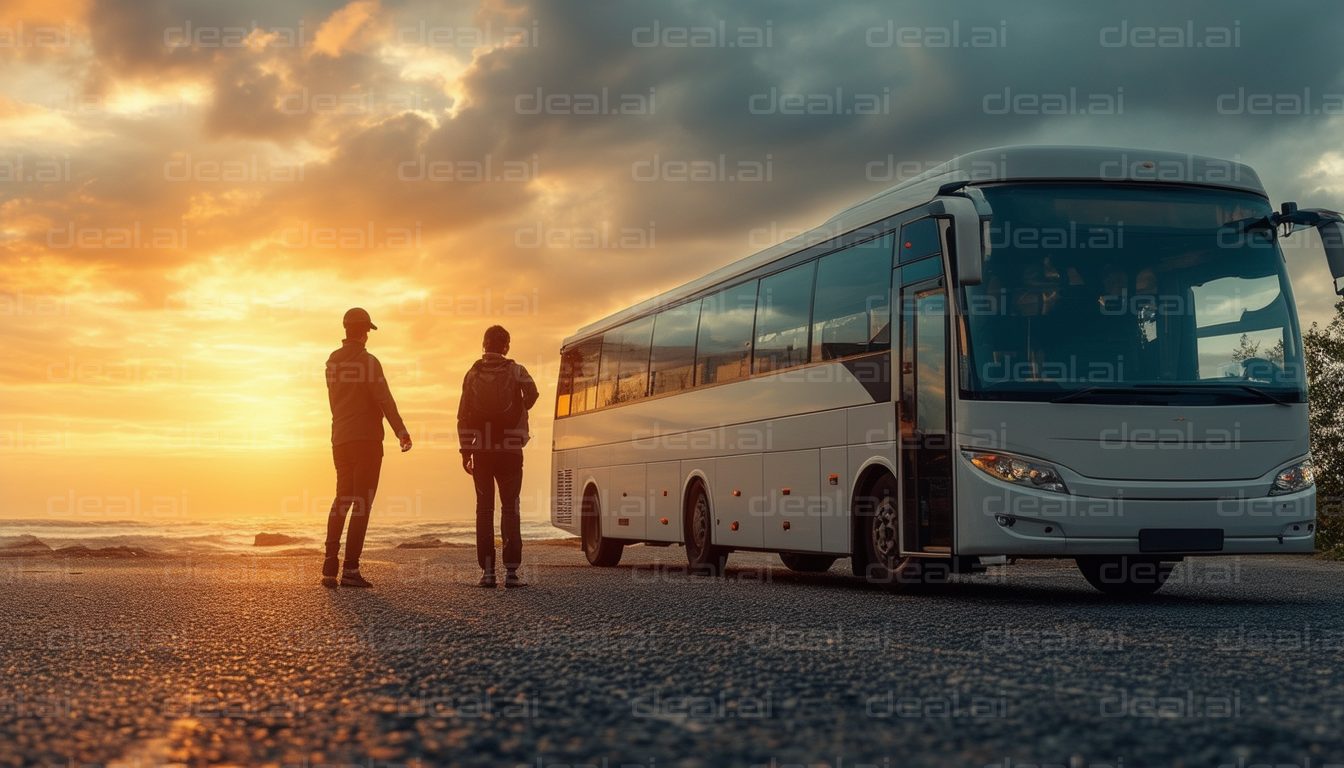 "Silhouettes Beside a Bus at Sunset"