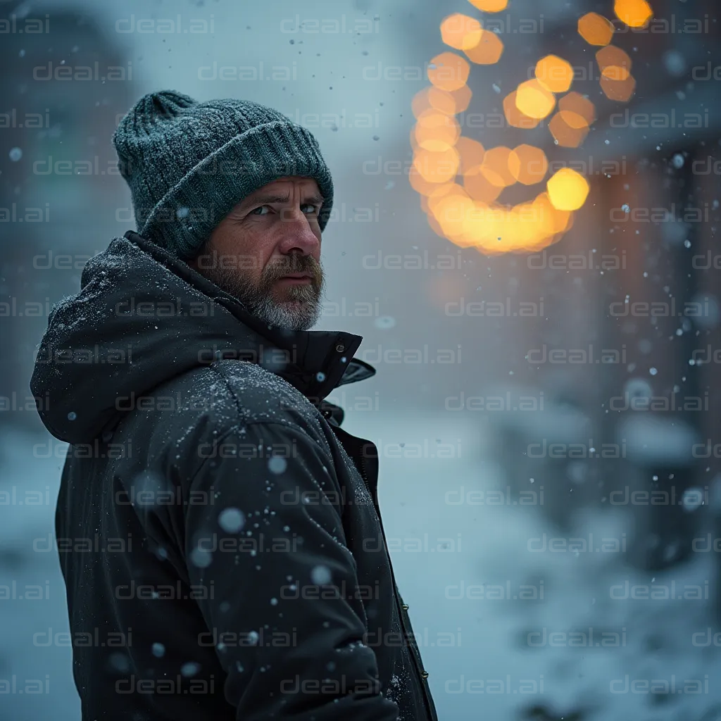 Man in Winter: Snowy Street Scene