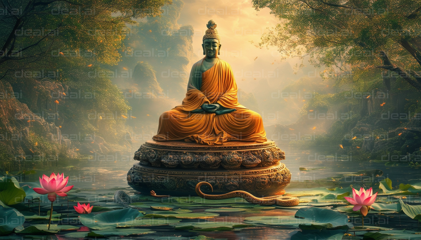 "Buddha Statue in Enchanted Forest"