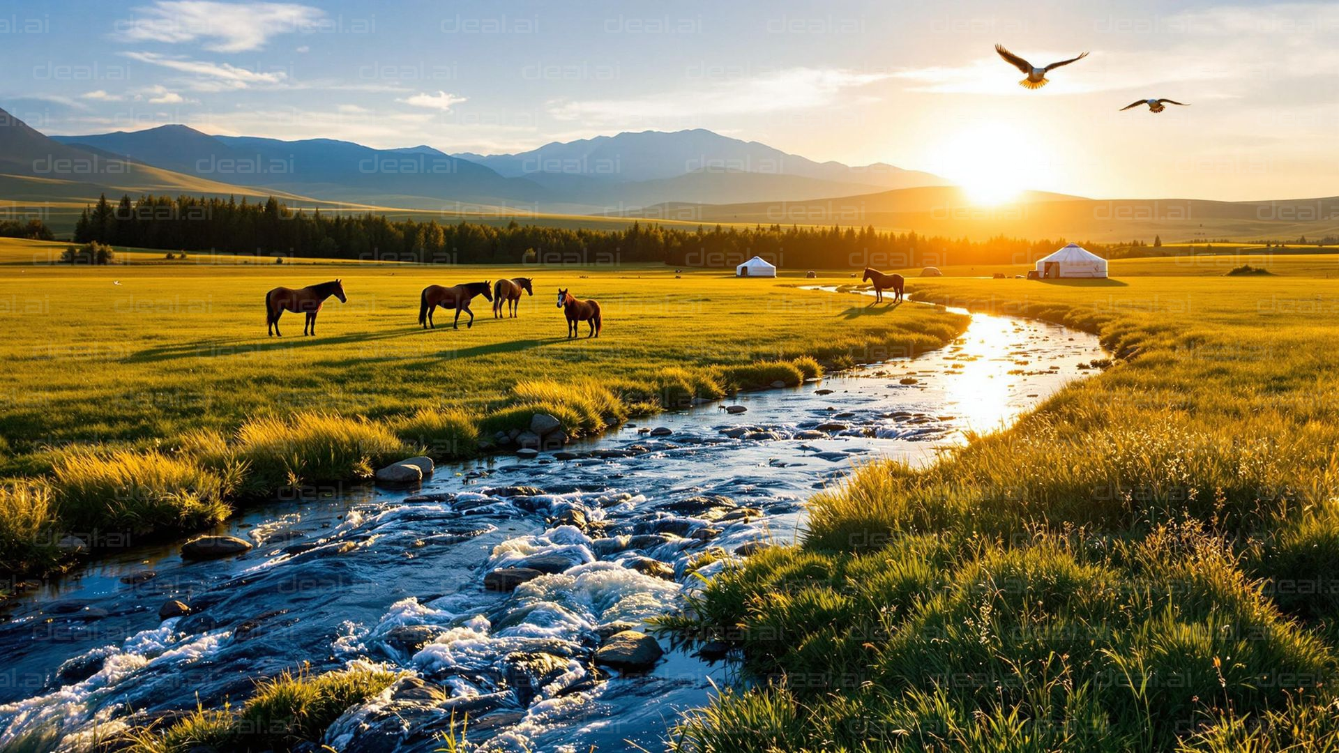 Sunlit Pasture with Horses and Stream