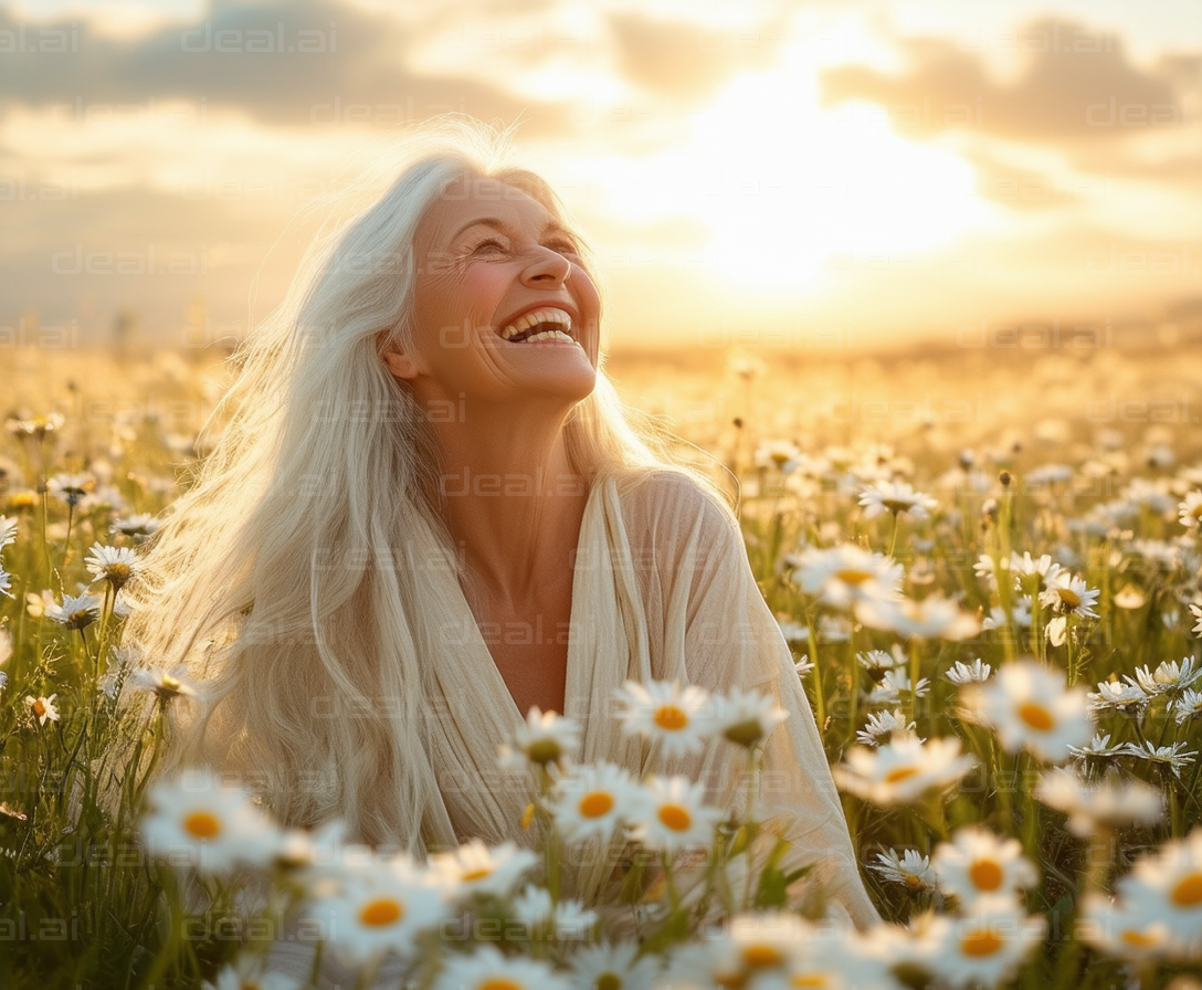 "Joyful Woman in Daisy Field at Sunset"