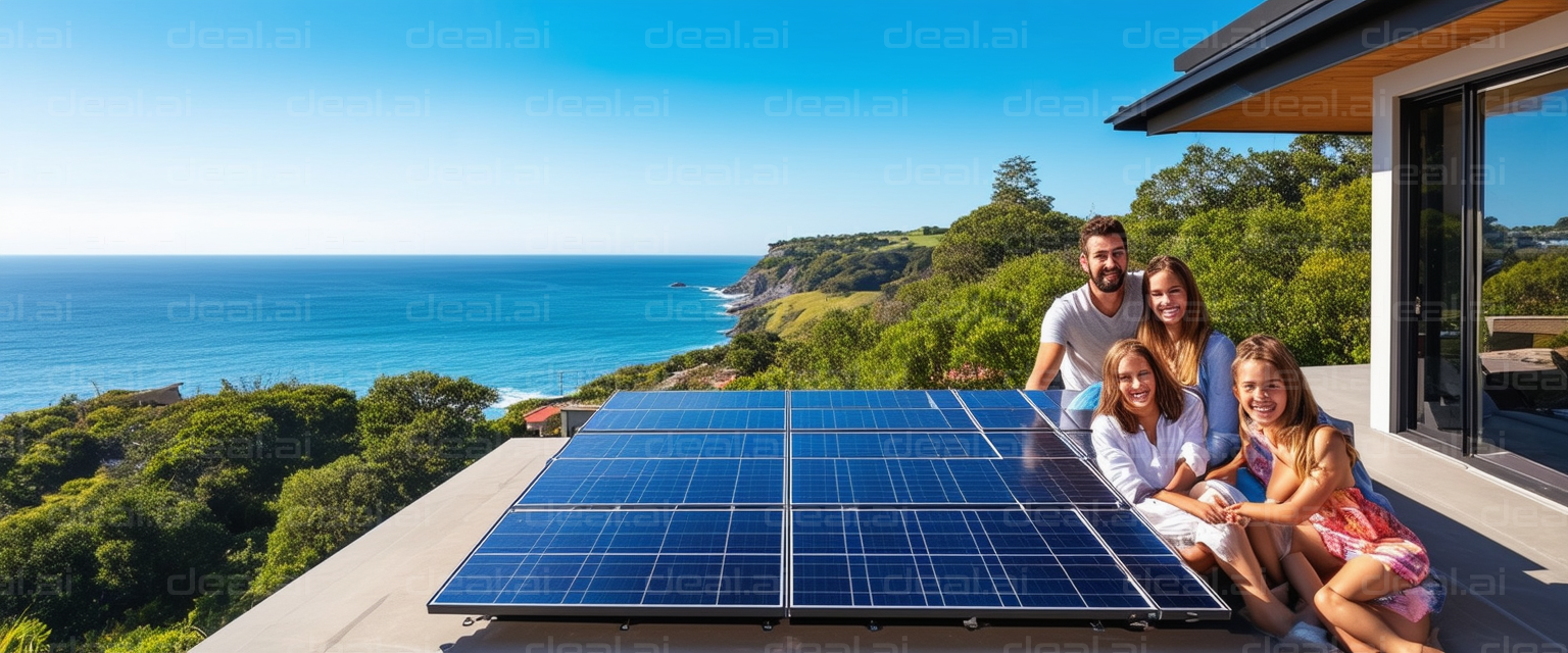 Family Enjoying Solar-Powered Home by the Sea