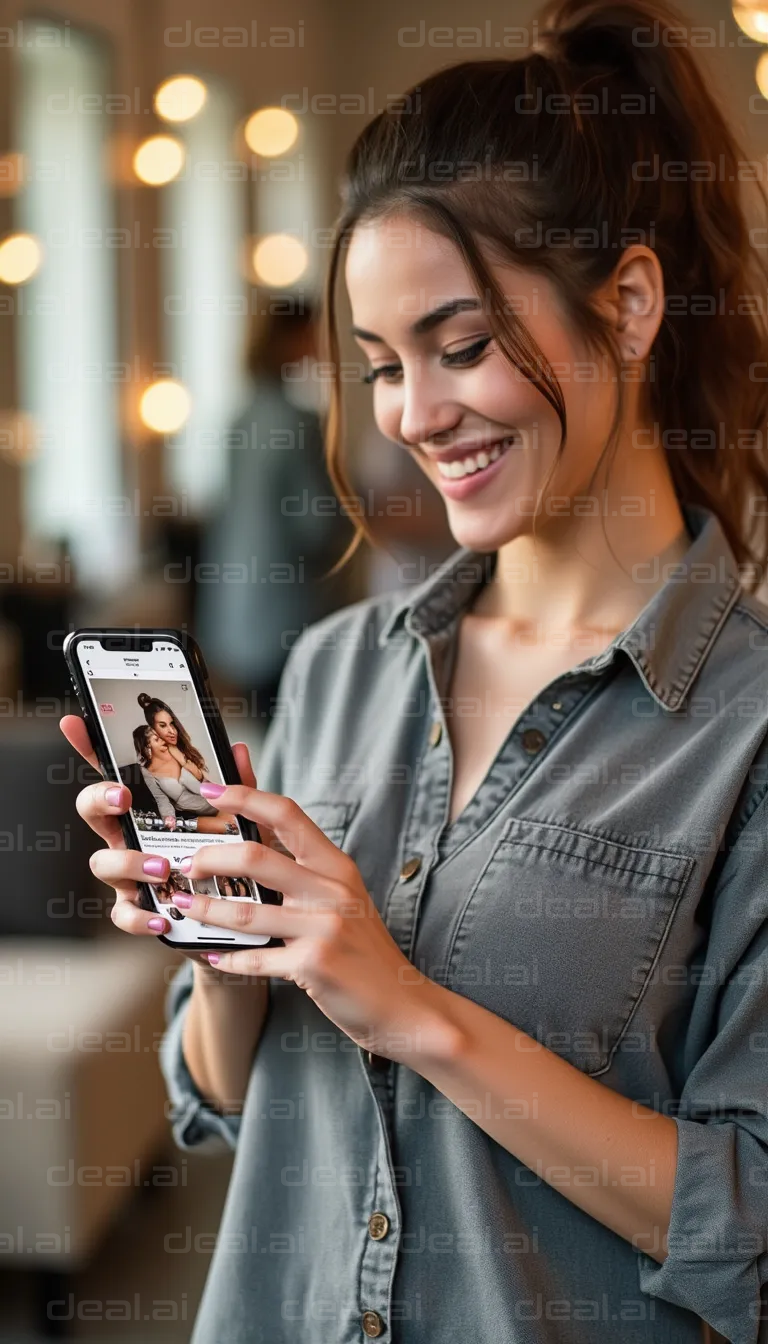 "Smiling Woman Enjoys Phone Browsing"