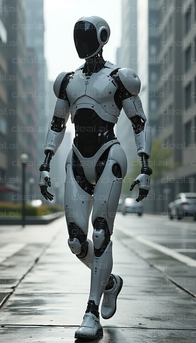 "Futuristic Android Walking in City Street"