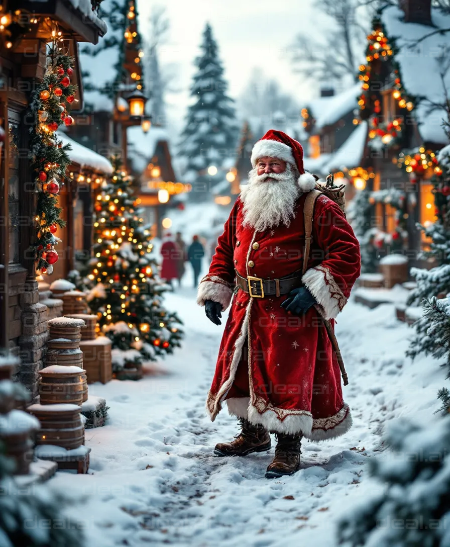 Santa Strolls Through Snowy Village