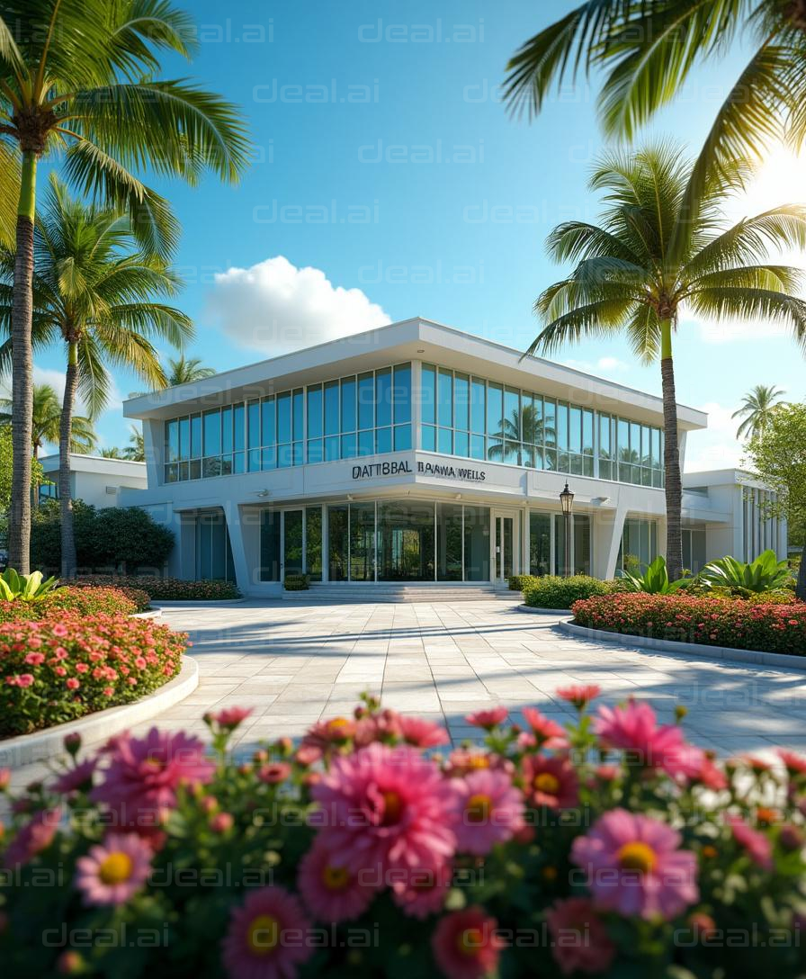 Modern Building with Palm Trees and Flowers