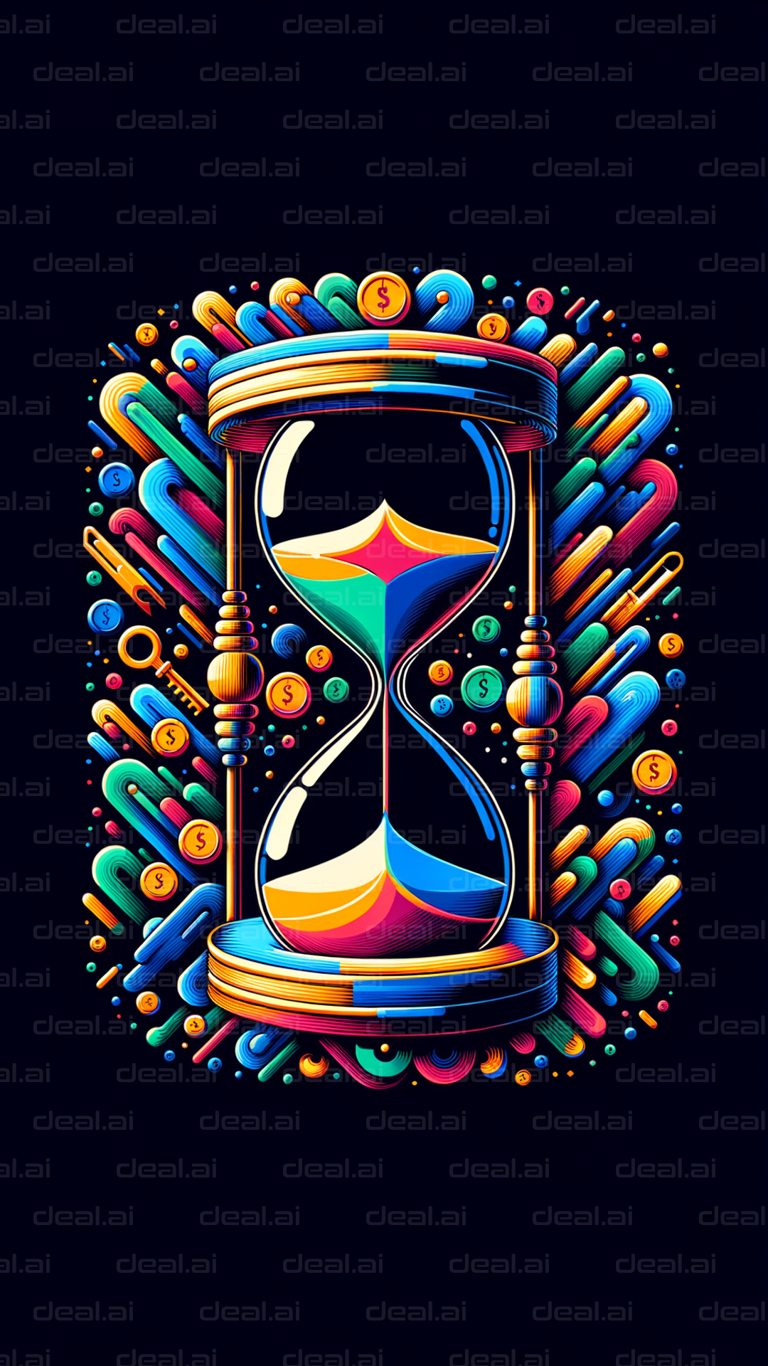 "Colorful Hourglass and Currency Symbols"