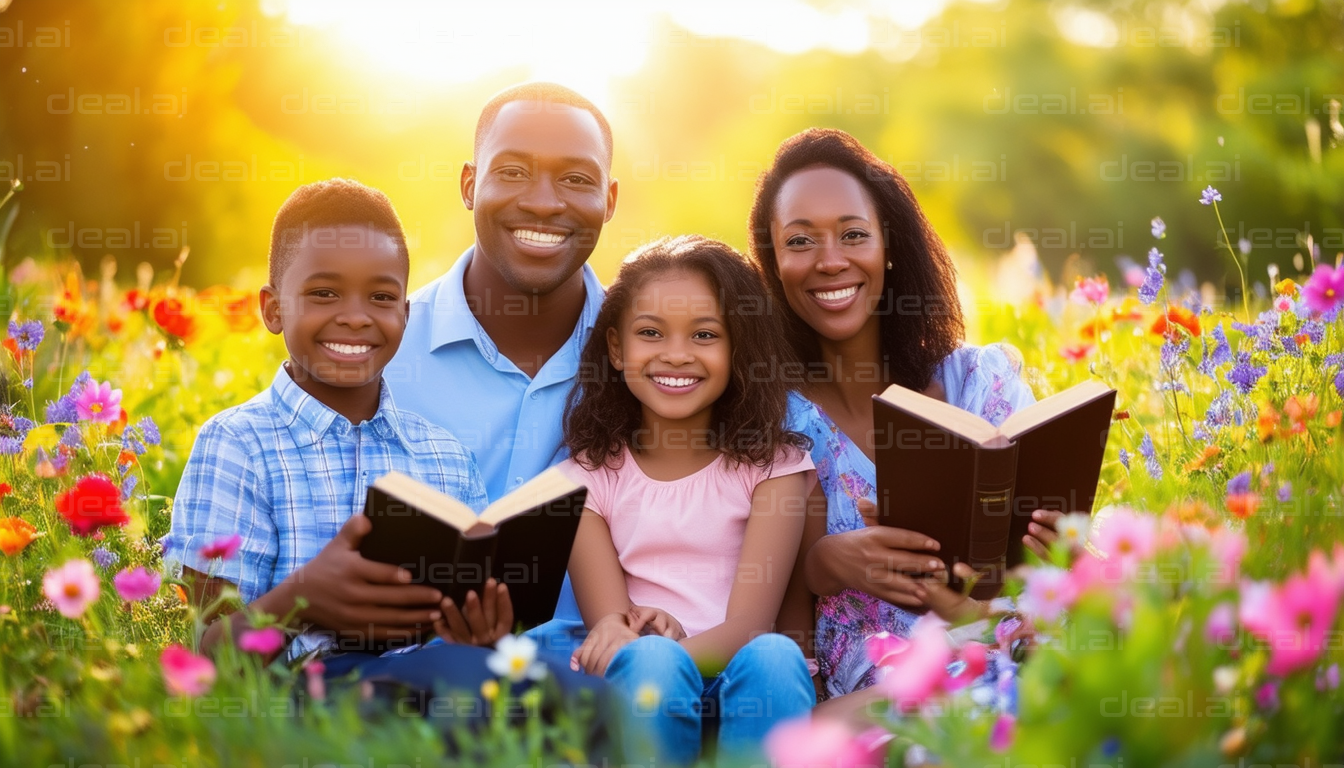 Family Reading Time in a Flower Field