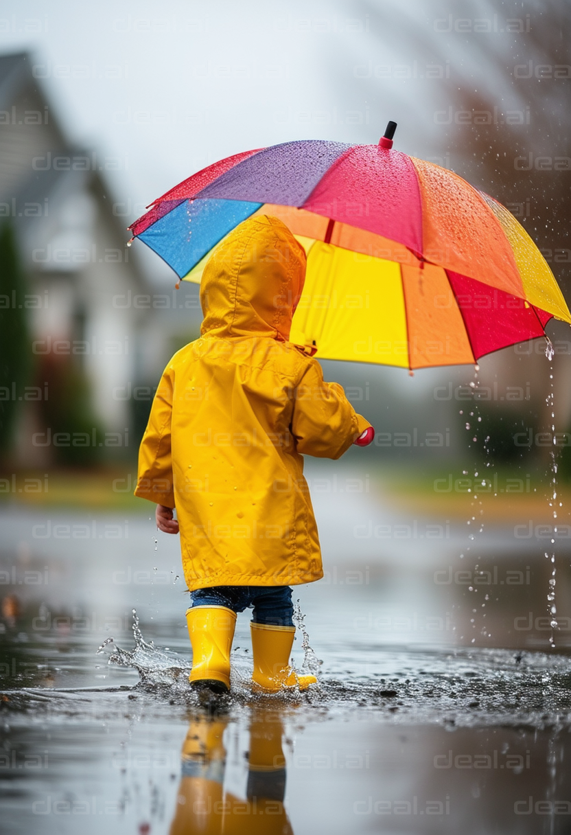 Child with a Colorful Umbrella and Raincoat