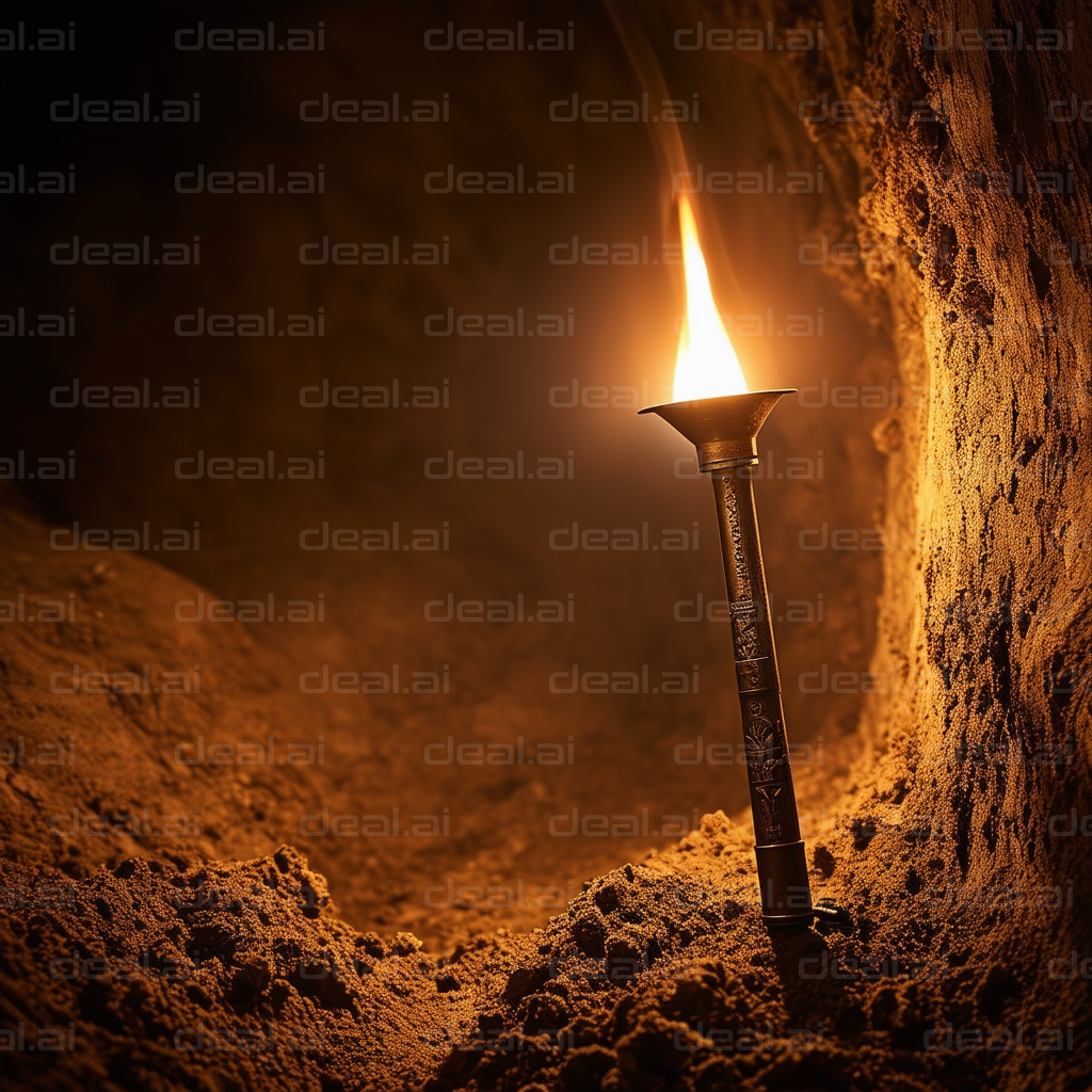 "Illuminated Torch in Dimly Lit Cave"