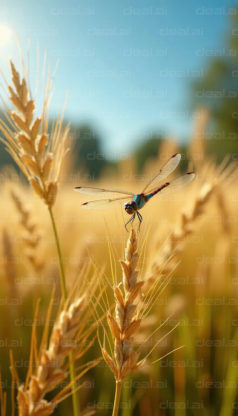 Dragonfly Resting in Wheat Field