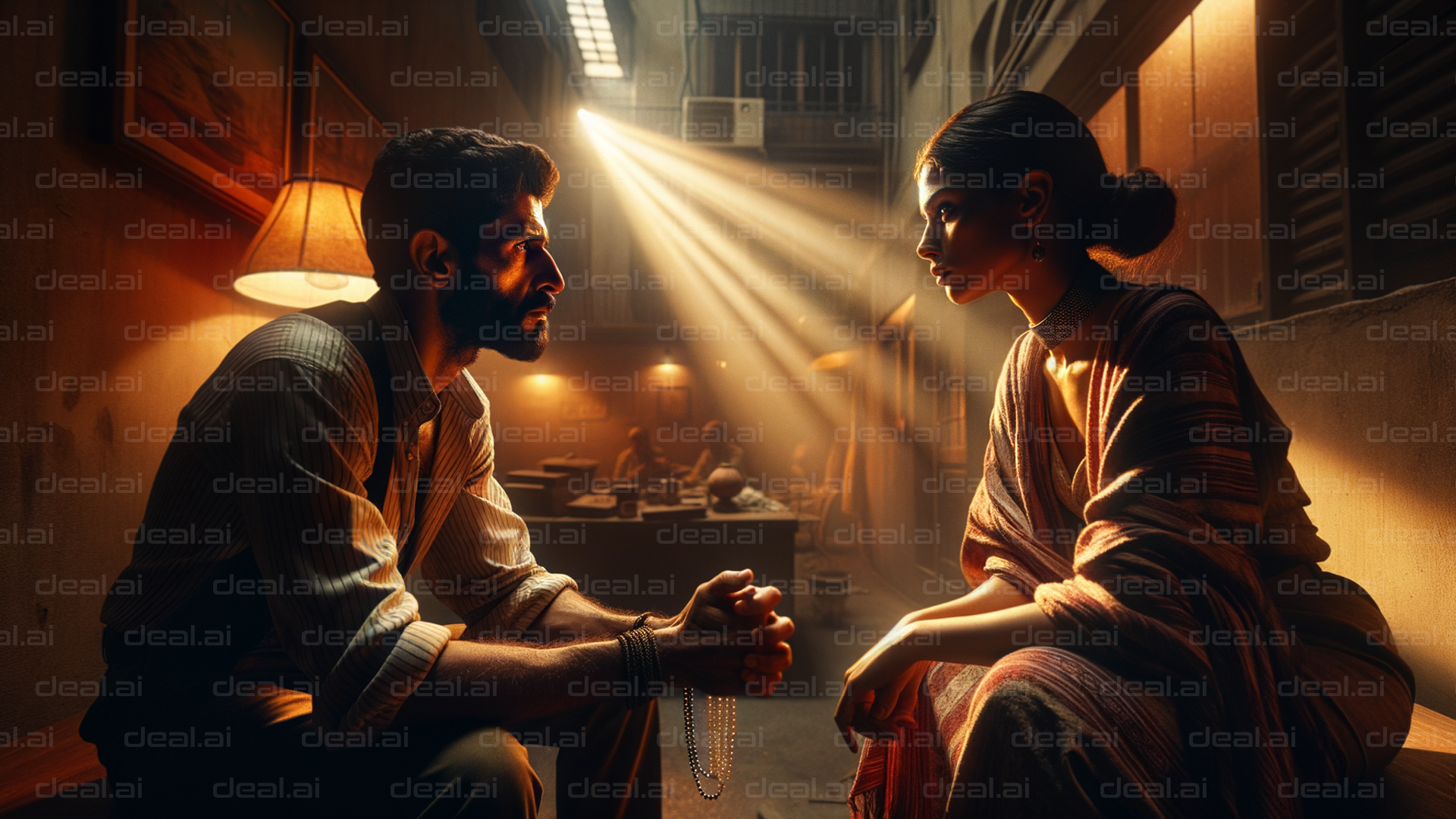 "Dramatic Conversation in Sunlit Room"