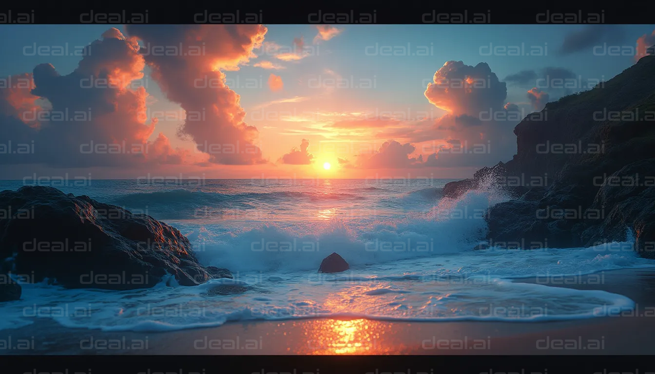 Sunset Waves on Rocky Shore