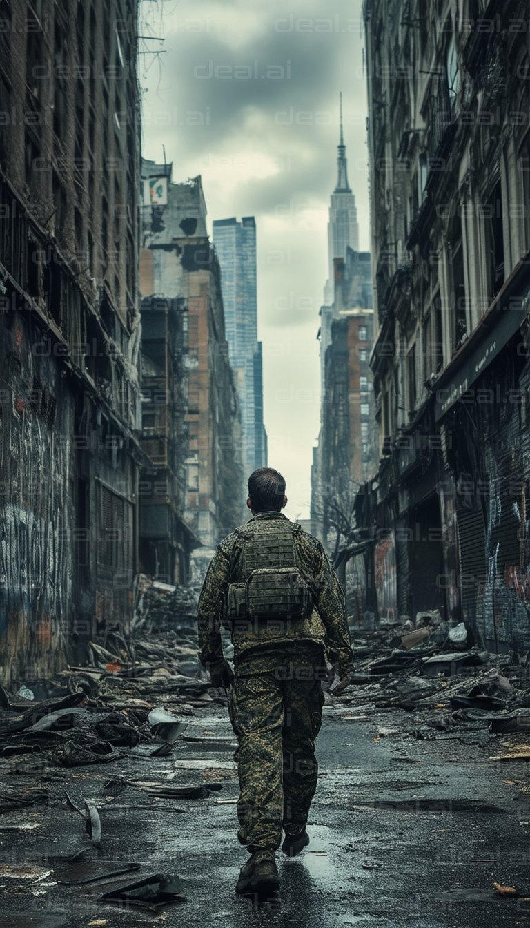 Soldier in Post-Apocalyptic Cityscape