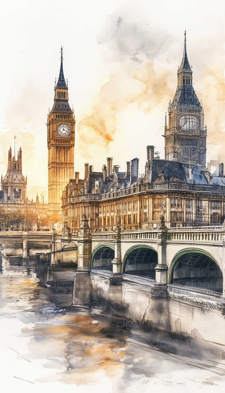 "Watercolor Big Ben at Sunrise"