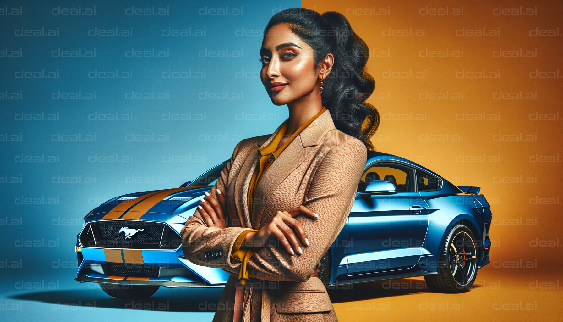 Confident Woman Posing with Blue Sports Car