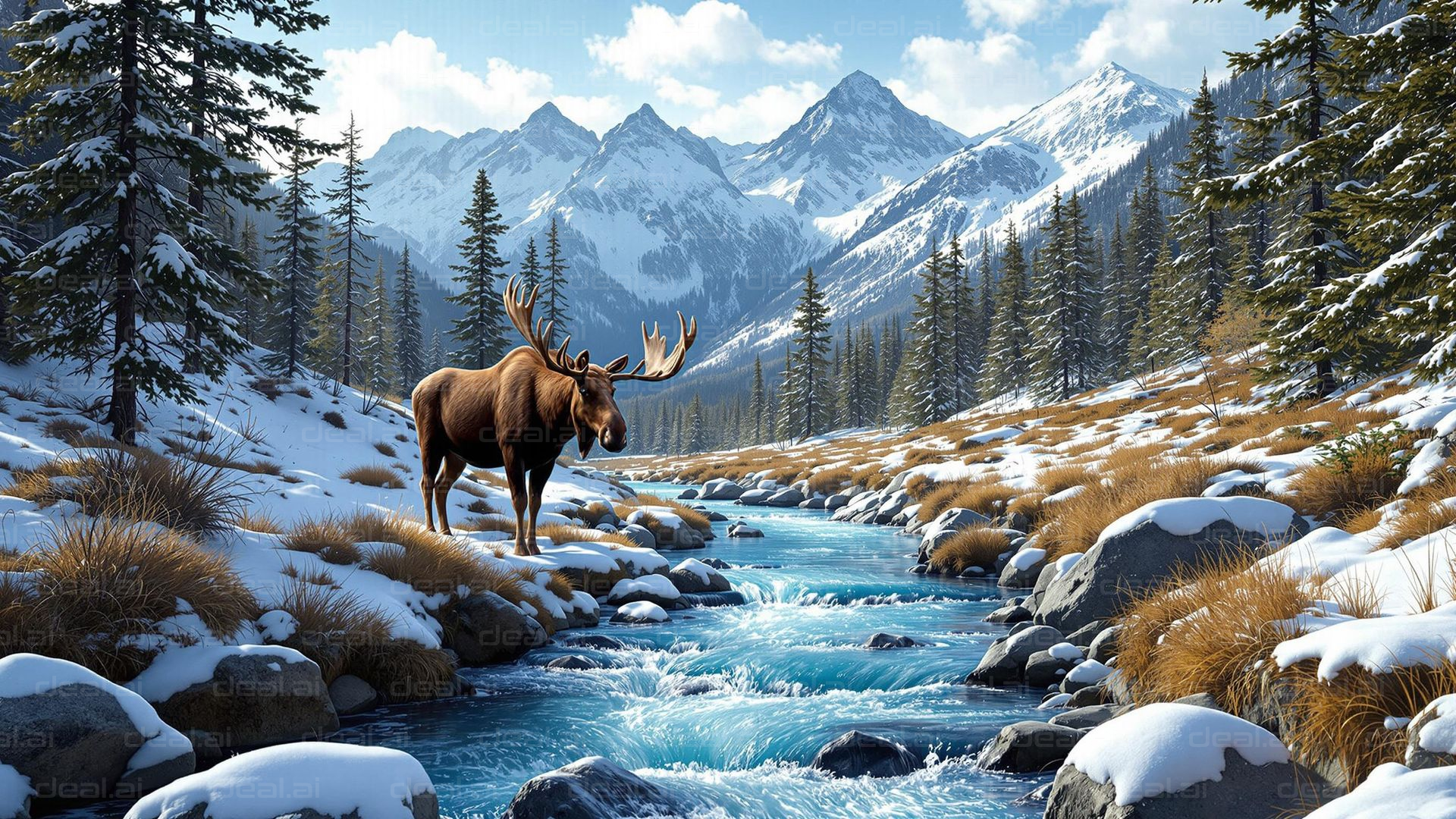 Moose by a Winter River Scene